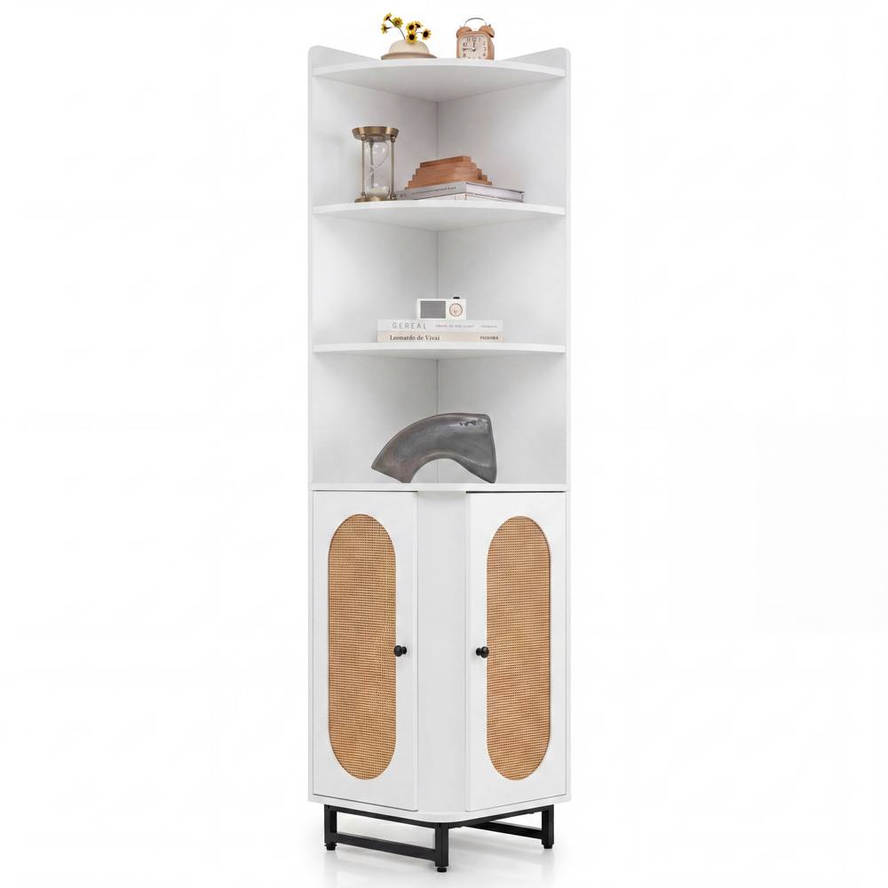 Costway PE Rattan Corner Cabinet 172cm Tall Corner Bookcase w/2 Doors &Shelves in White