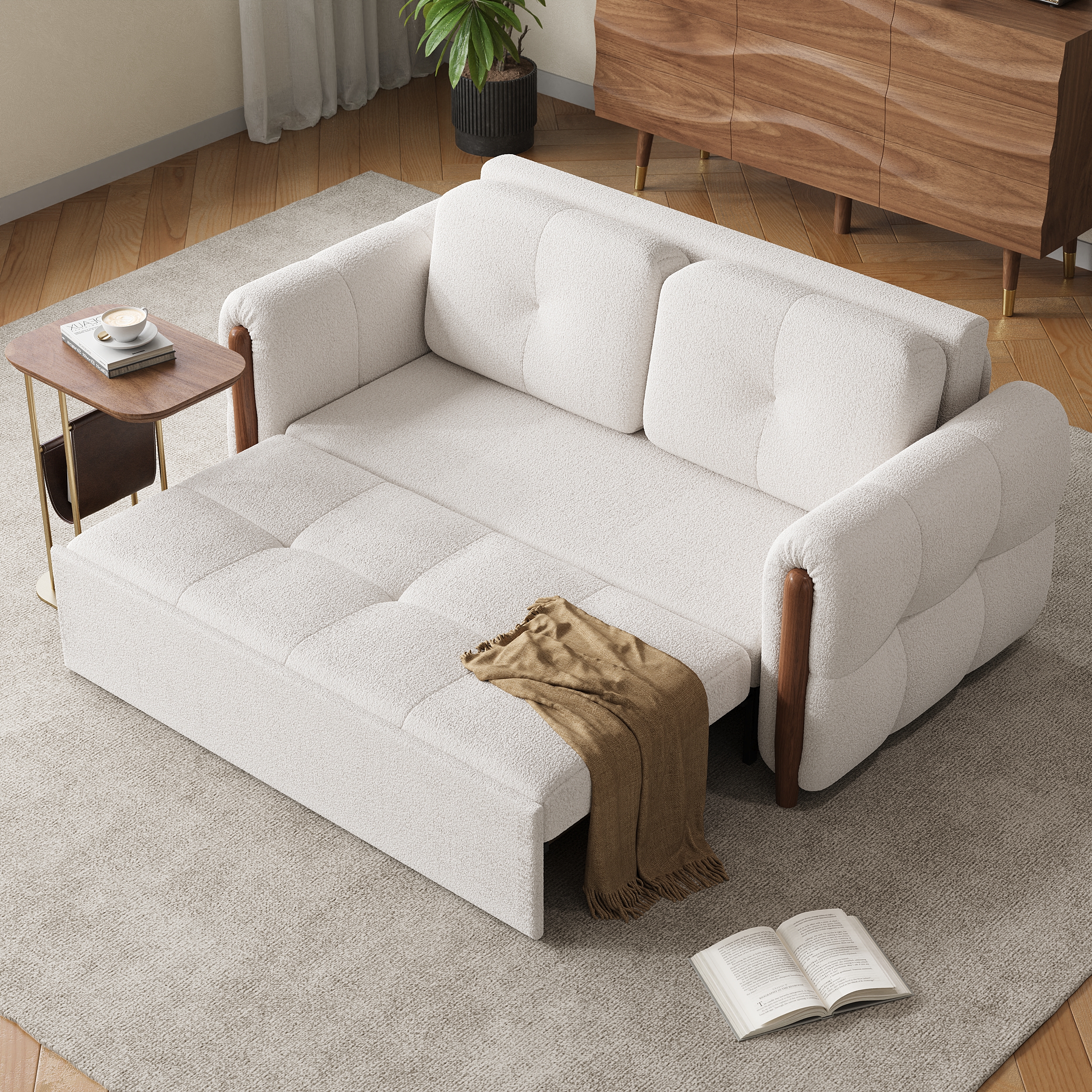 160 cm Mid-Century Modern 2-Seater Boucle Convertible Futon Sofa Bed  with Ash Wood