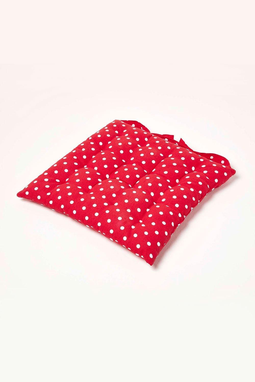 Homescapes Seat Pad Luxury Cotton Red Polka Dot Indoor Outdoor Garden Cushion, 40cm