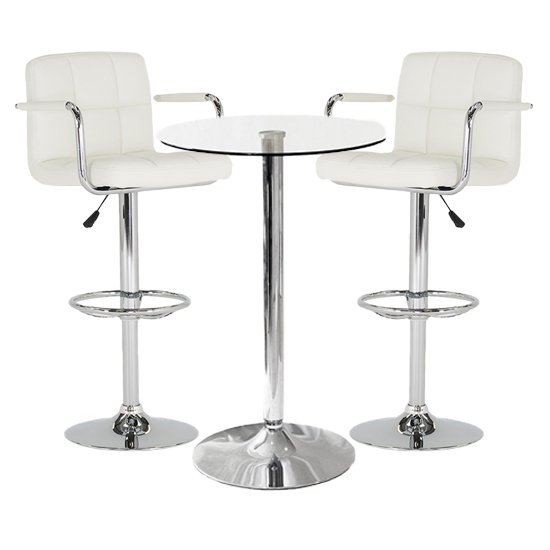 Gino Bistro Glass Bar Table With 2 White Miami Bar Stools