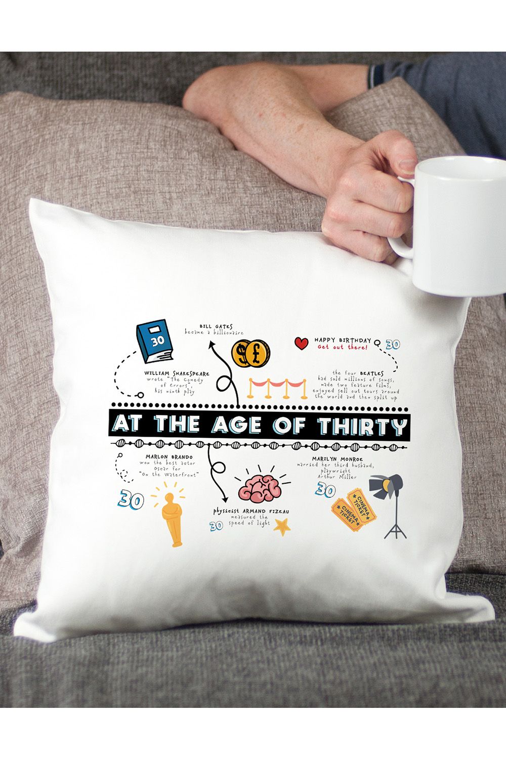 Afewhometruths 30th Birthday Fun Facts Cushion Gift in Off-White