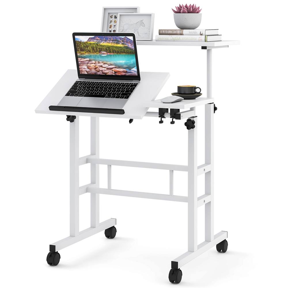 Costway Standing Computer Desk Mobile Sit to Stand Desk Laptop Cart in White