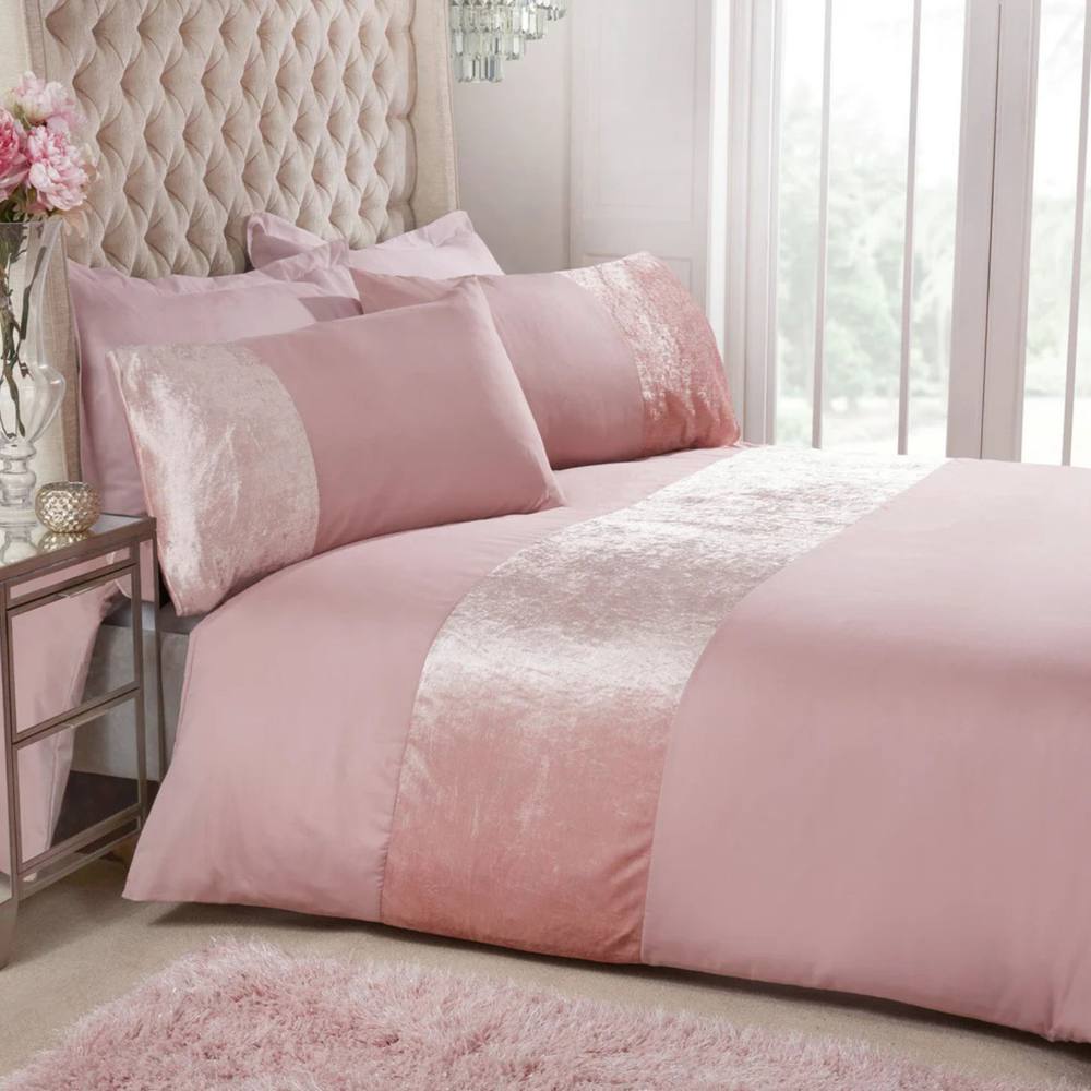 Smart Living Soft & Elegant Cosy Velvet Cuff Panel Duvet Cover Set with Pillowcases in Pink