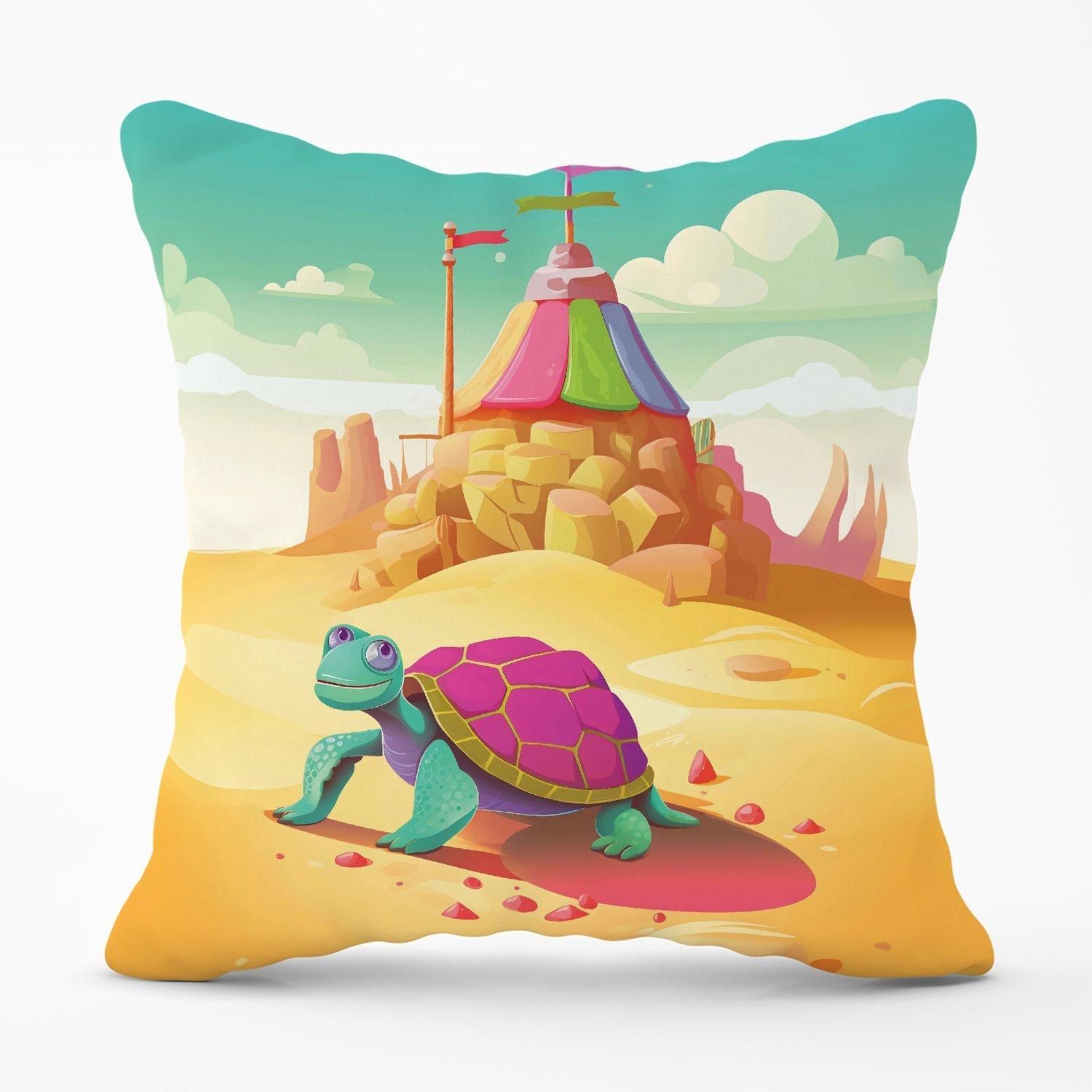 Warren Reed - Designer Turtle On A Beach Holiday Outdoor Cushion in Yellow