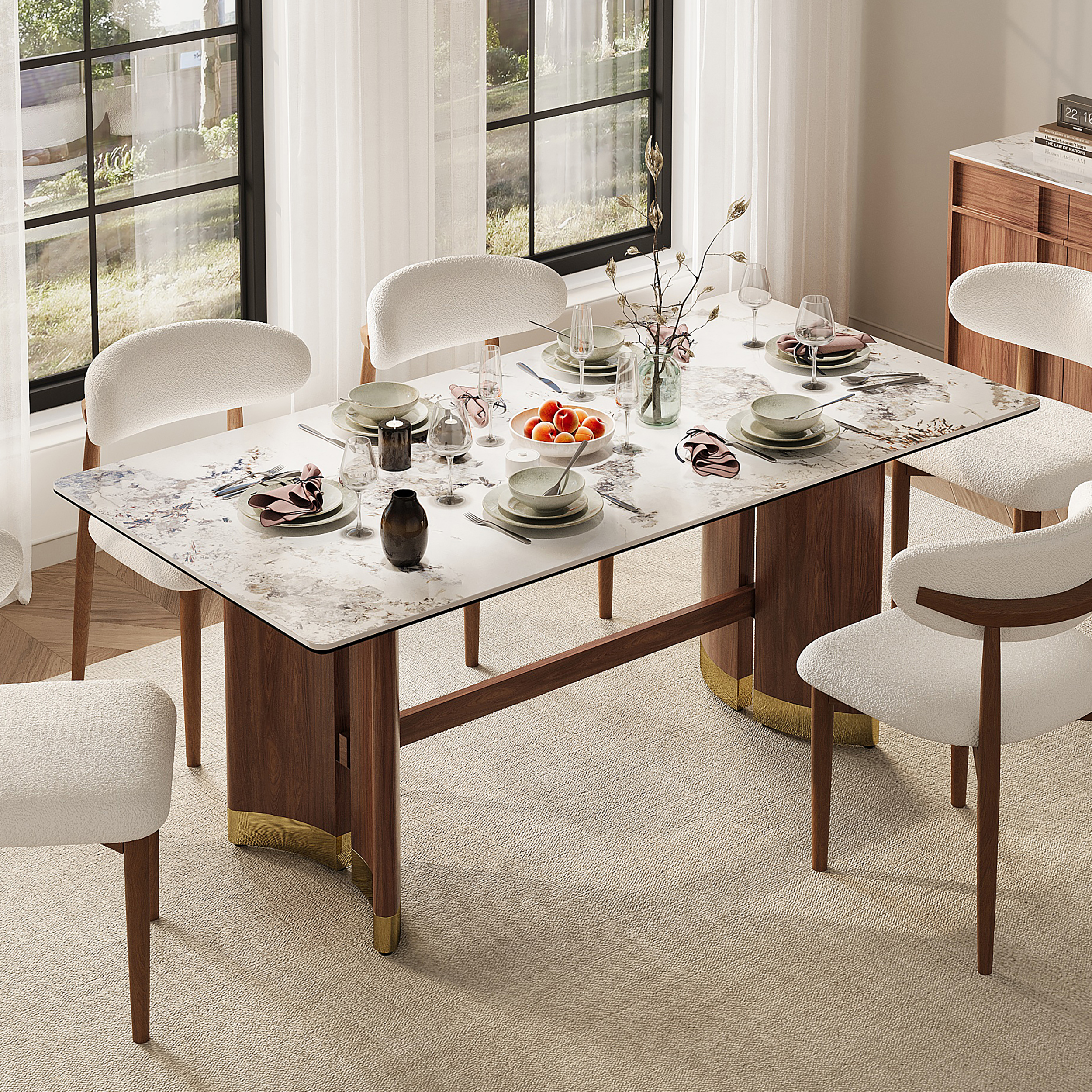 1800mm Sintered Stone Rectangular Dining Table with Doubel Pedestal Seats 6-8 People