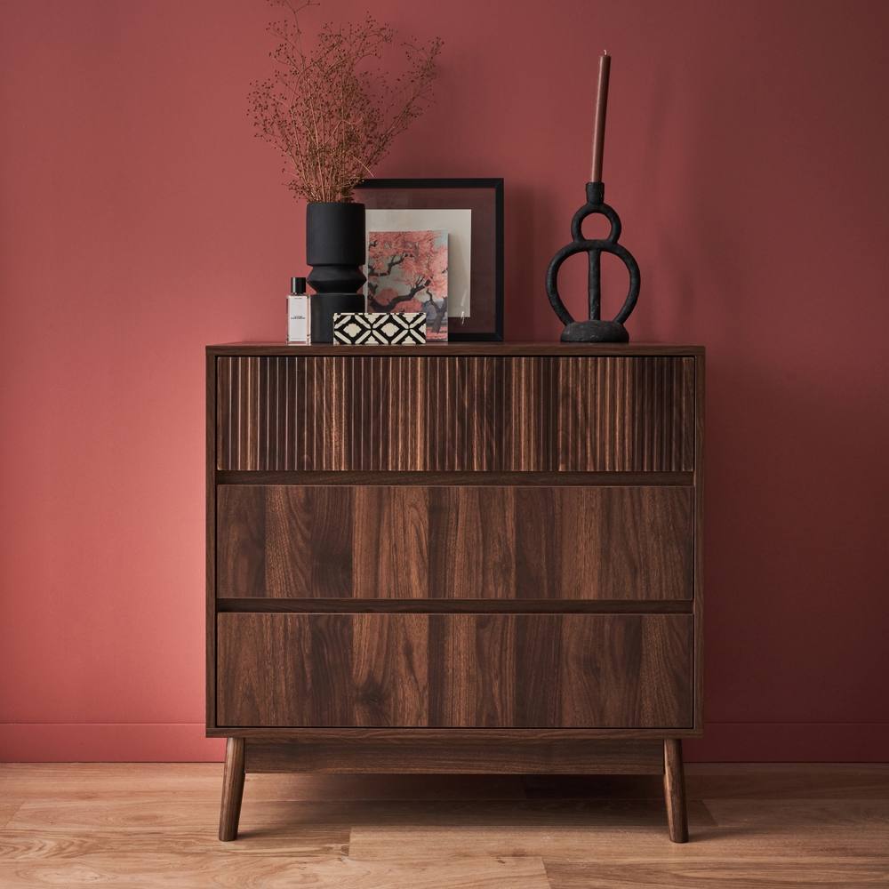 sweeek 3-drawer Chest With Grooved Wooden Detail in Brown