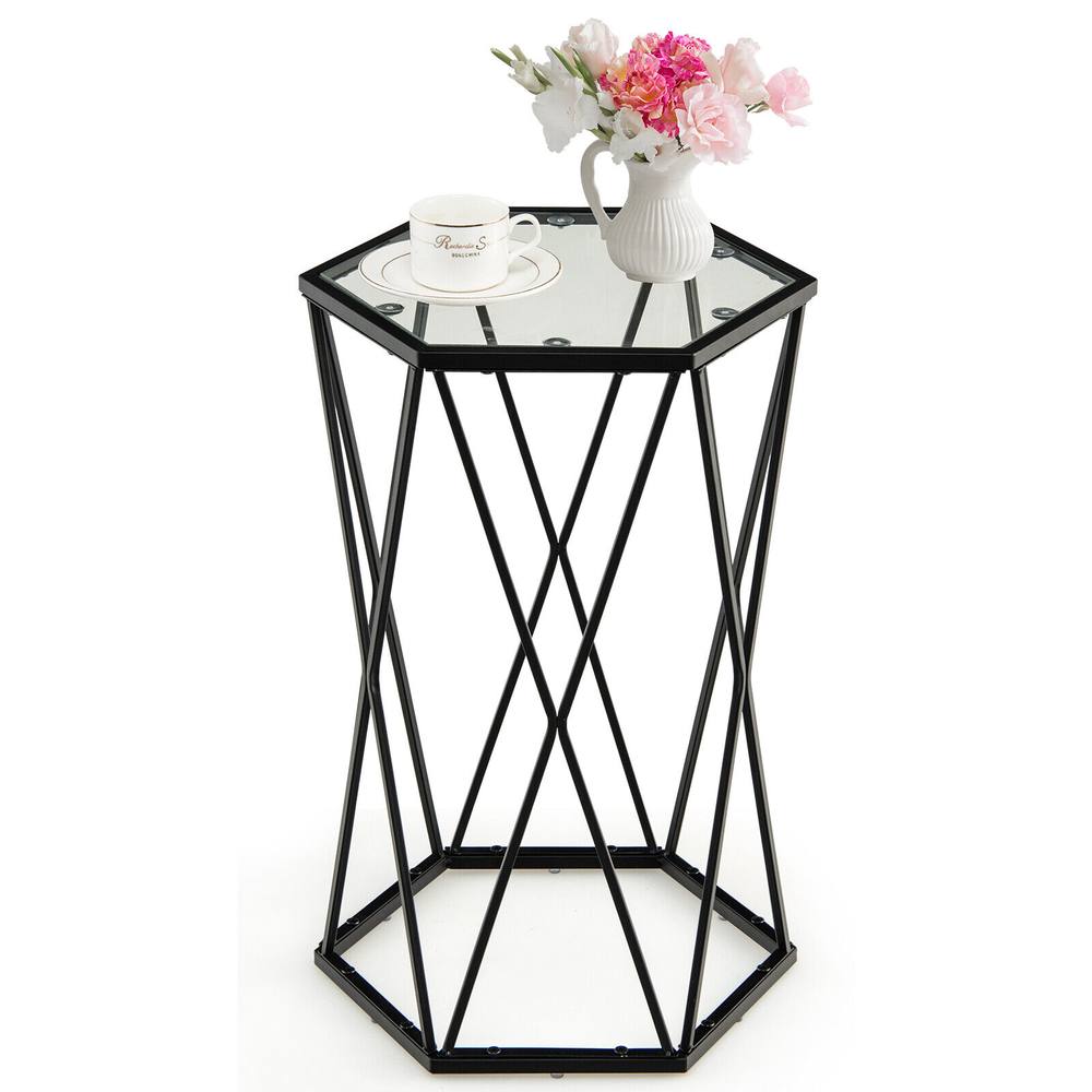 Costway Hexagonal Glass Coffee Table Metal Frame Sofa Side Table Modern End Table in Black