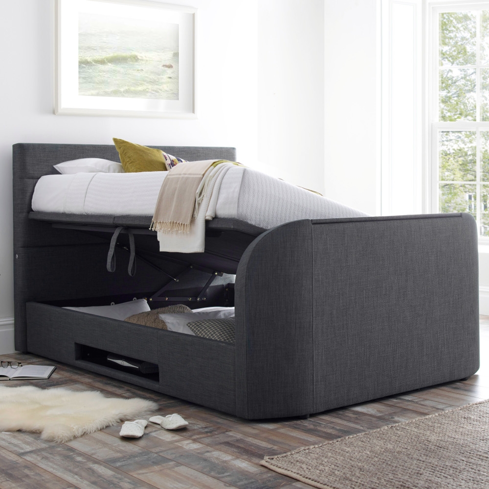 Annecy Slate Grey Fabric Ottoman Electric Media TV Bed Frame - 4ft6 Double