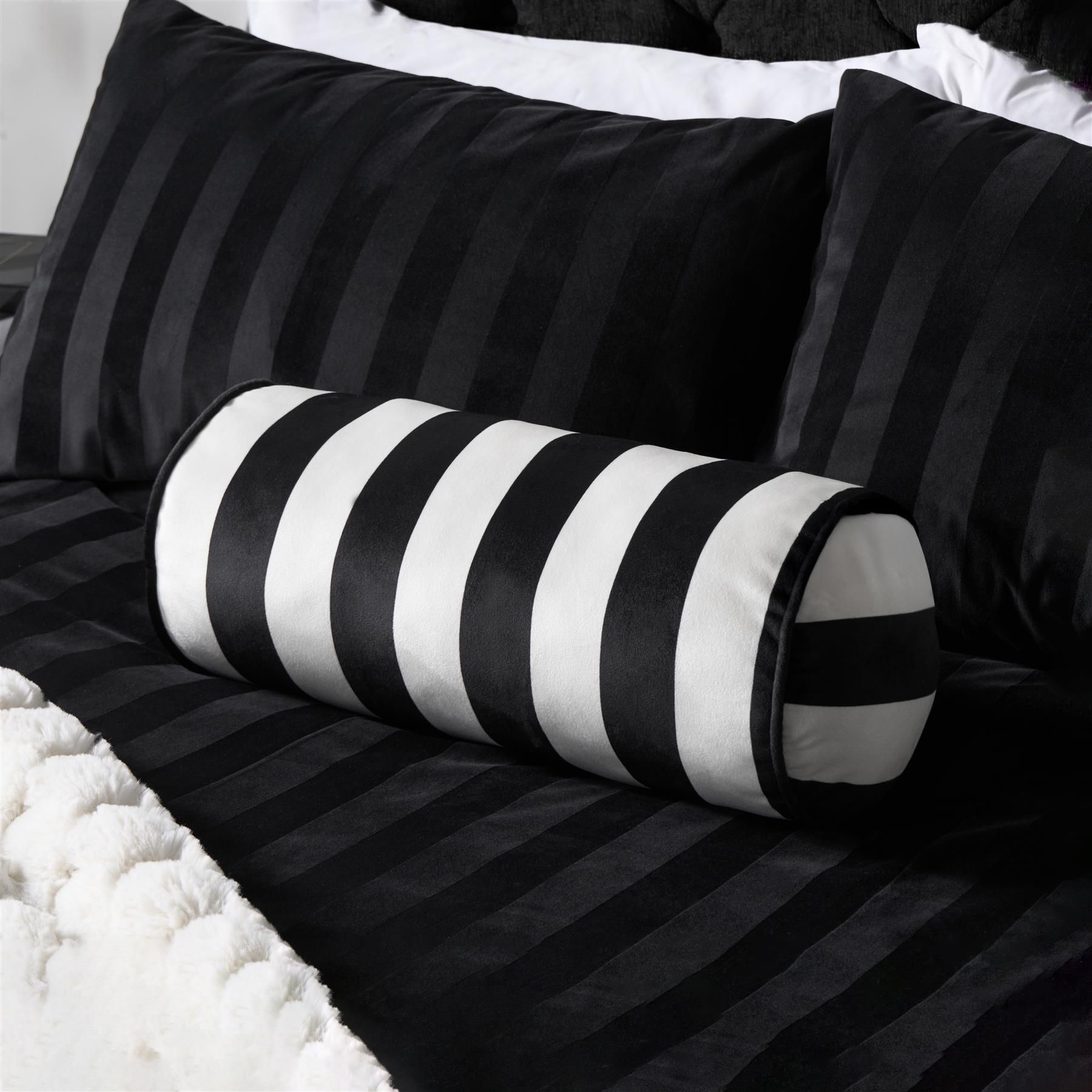 OHS Matte Velvet Stripe Bolster Pillow Soft Cylindrical Cushion in White