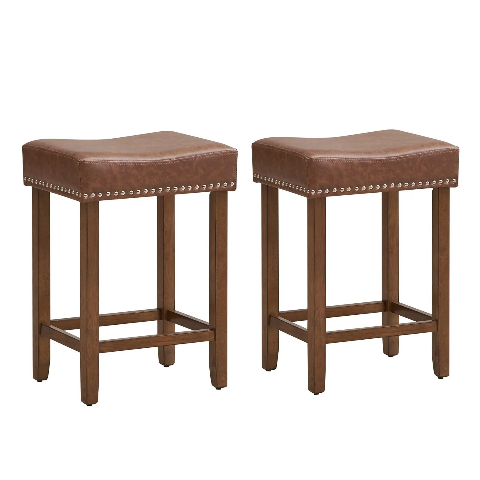 Costway Set of 2 Bar Stools Upholstered Counter Height Saddle Stools PU Leather 60cm in Brown