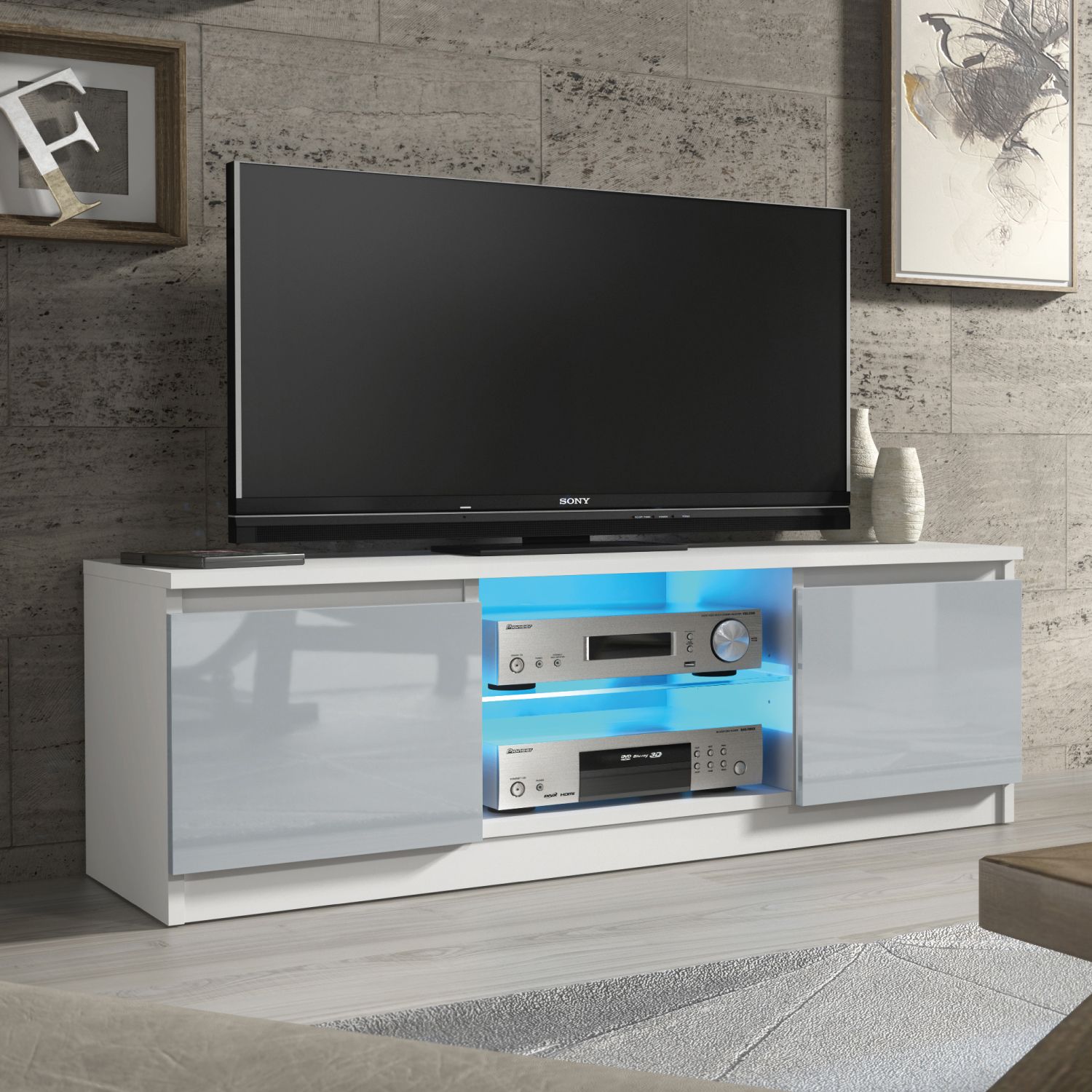 Creative Furniture Aura TV Unit 120cm - A Compact & Contemporary Cabinet with Gloss Doors & LED Lights in Grey