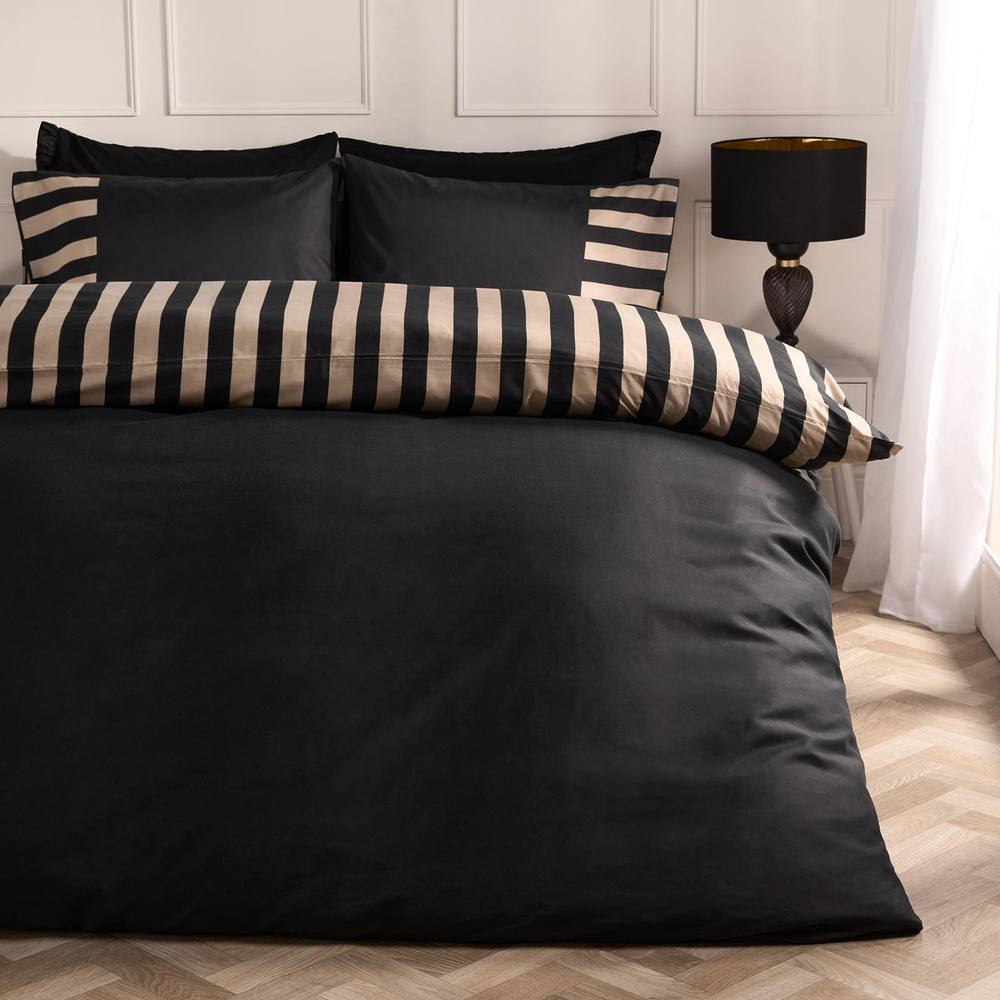 OHS Stripe Edge Bedding Set Microfibre Duvet Cover with Pillowcase in Black