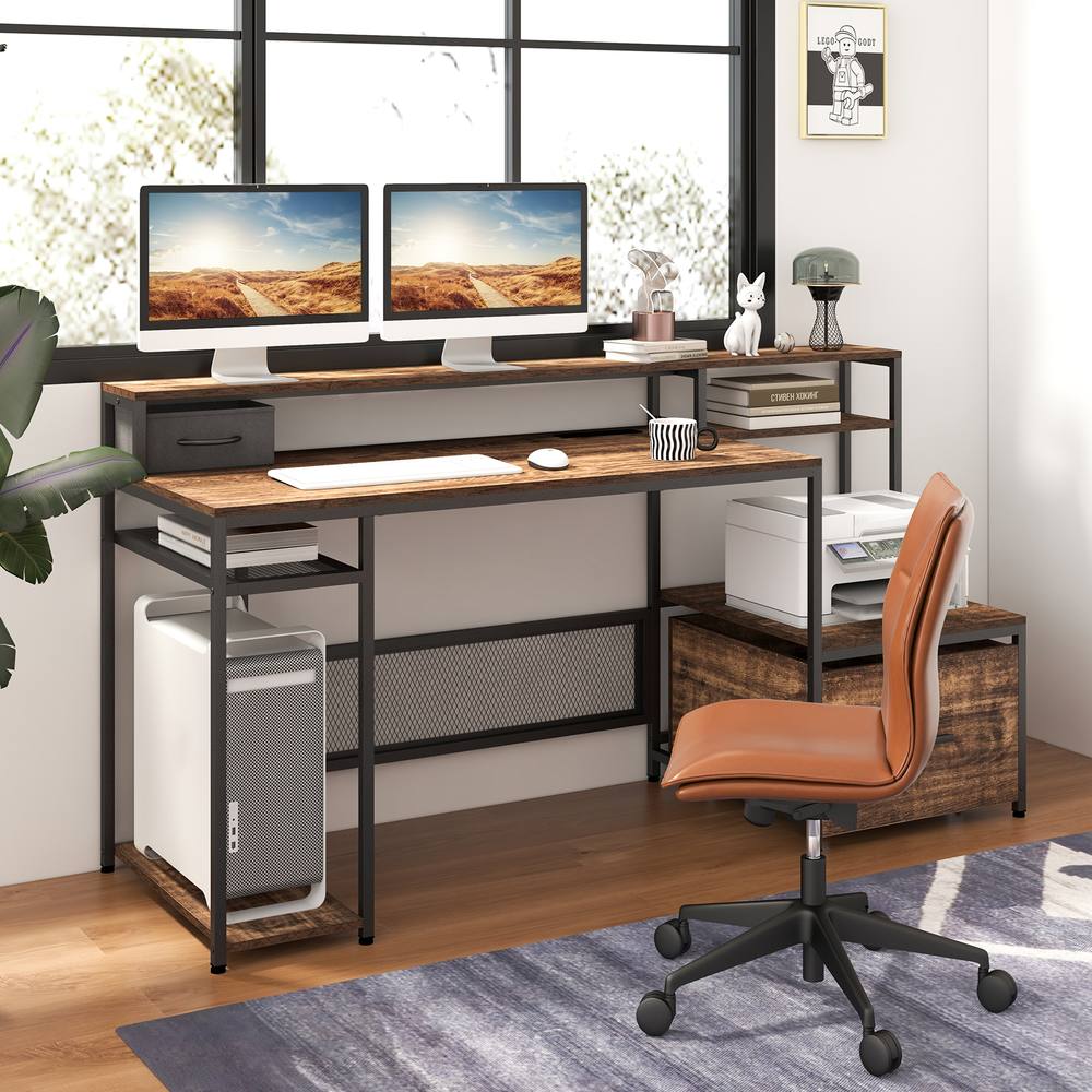Costway 170CM Computer Desk Monitor Stand Writing Table W/ Power Outlets in Brown