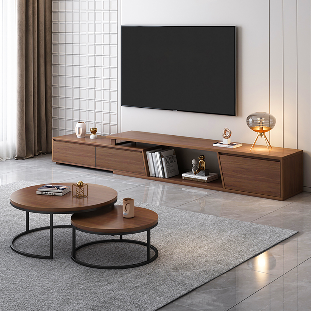 Living Room Cabinet Set Walnut Rectangle Extendable TV Stand & Round Nesting Coffee Table Set