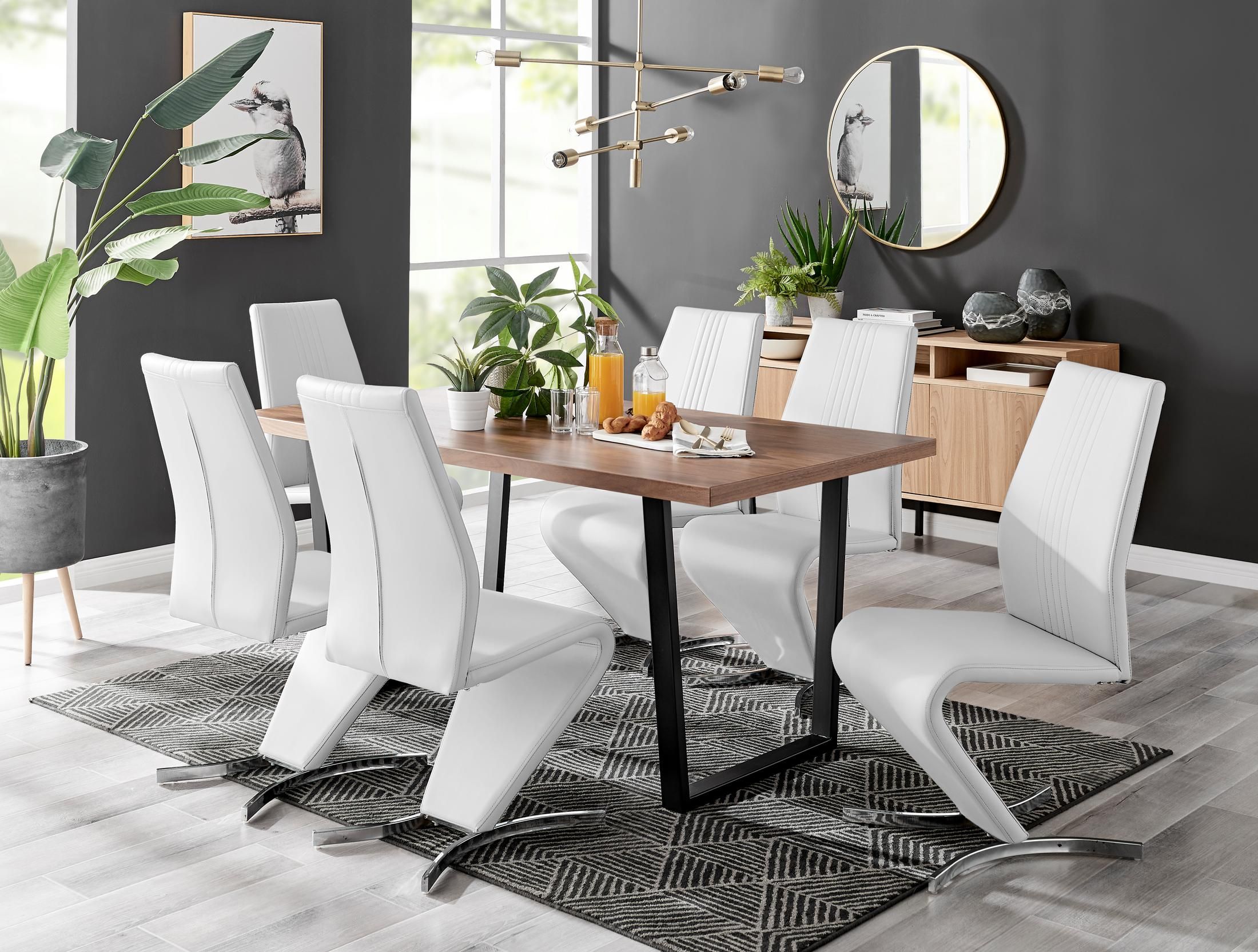 FurnitureboxUK Kylo Large Brown Wood Effect Dining Table & 6 Willow Faux Leather Chairs in White