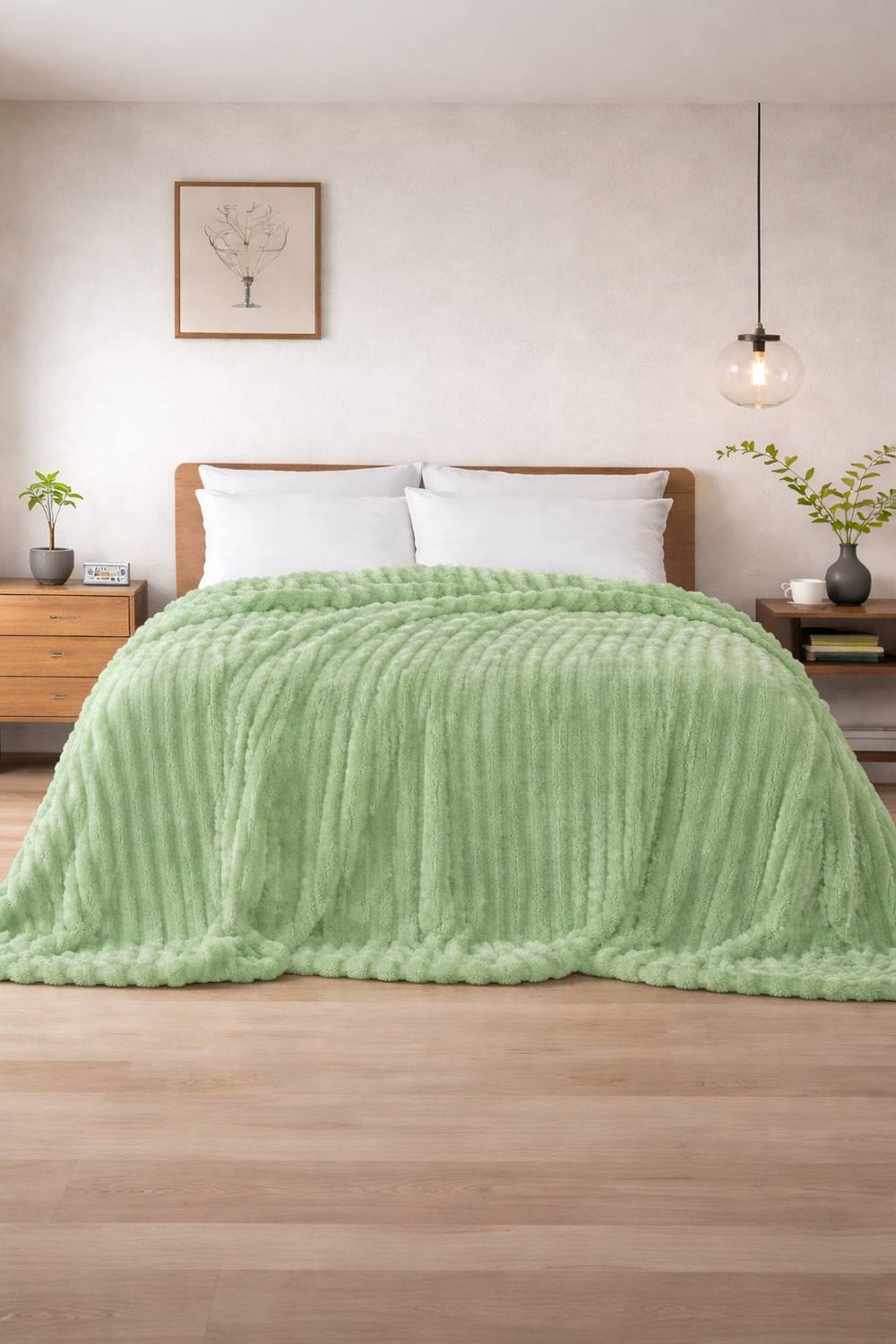 Dyzi Supersoft Ribbed Fleece Throw Blanket for Couch & Bed - Cozy Jacquard Home Blanket in Light Green