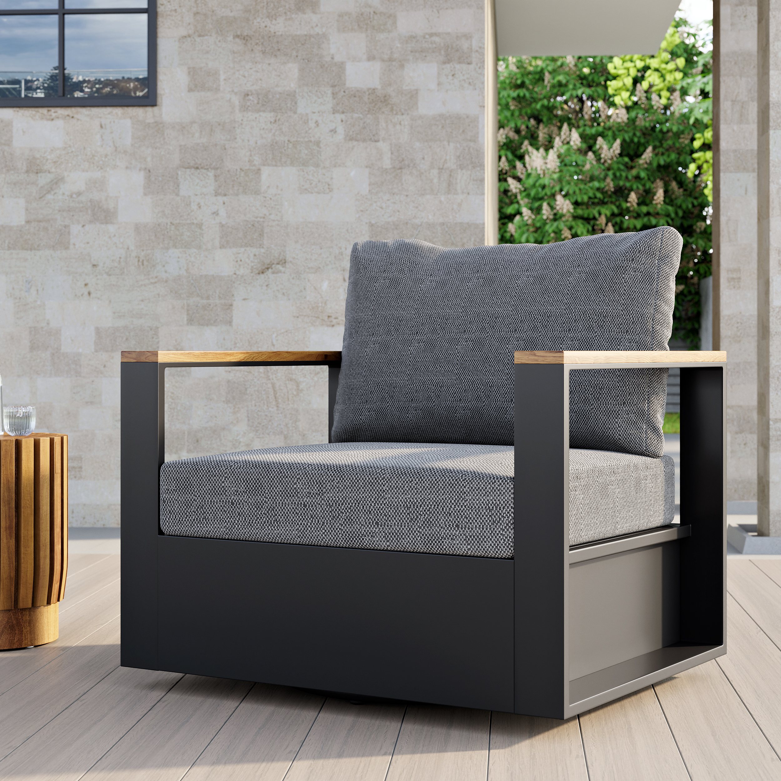 Tevara Teak & Aluminium Garden Swivel Chair Modern Yard & Patio Furniture in Grey Cushion Included