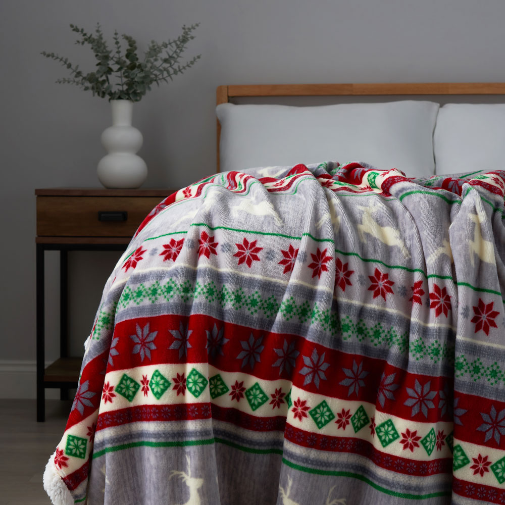 Christmas Stag Stripe Throw with Sherpa, Red & Green