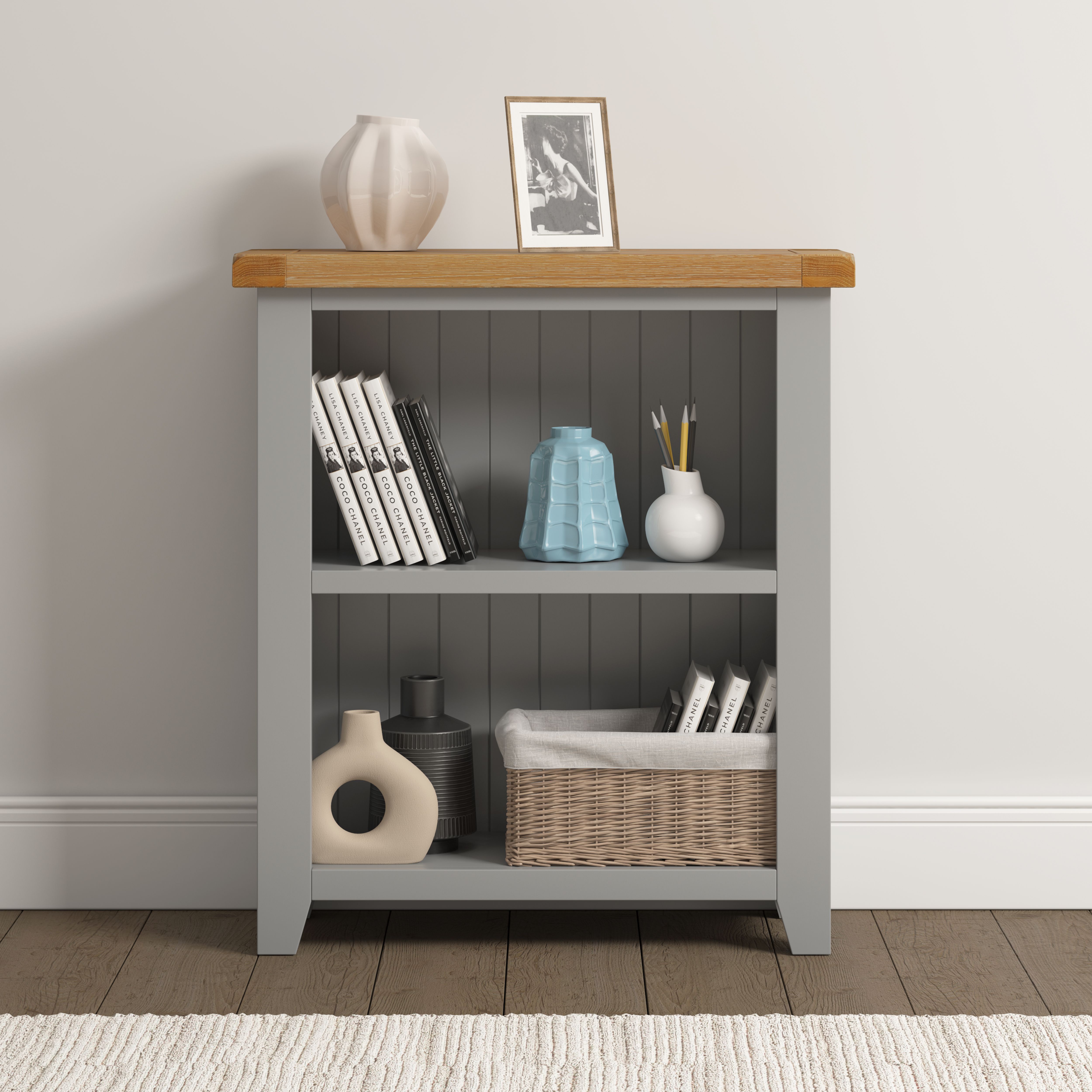 Seconique Windsor Natural Oak Low Bookcase (Fully Assembled) in Light Grey