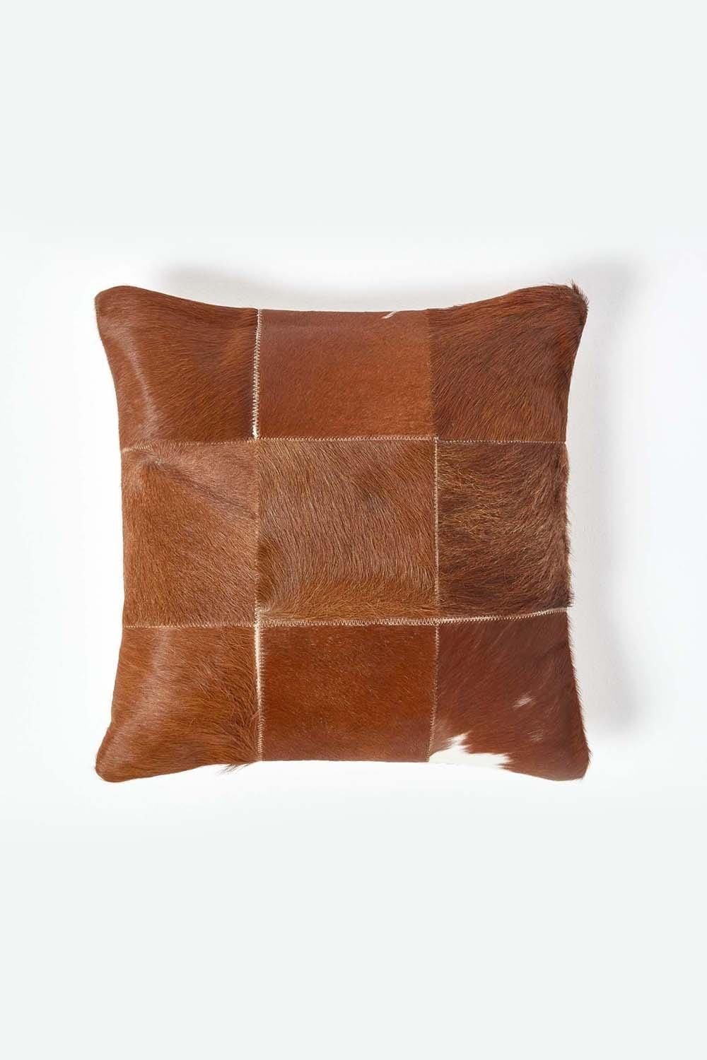 Homescapes Beige Real Leather & Goat Hair Large Check Cushion with Feather Filling