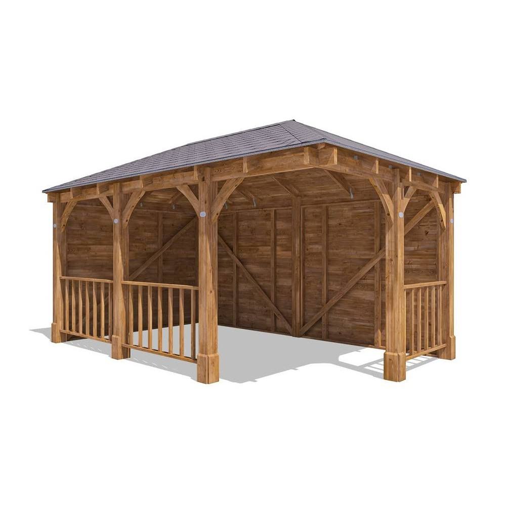 Dunster House Corner Wooden Gazebo with Roof Shingles 5m x 3m - Leviathan in Brown