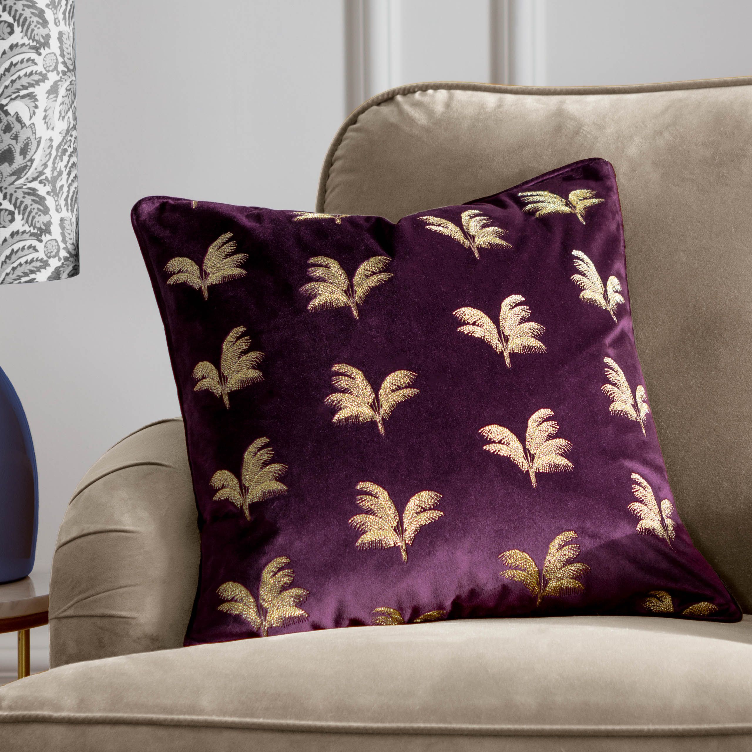Paoletti Guilded Palms Embroidered Cushion in Plum