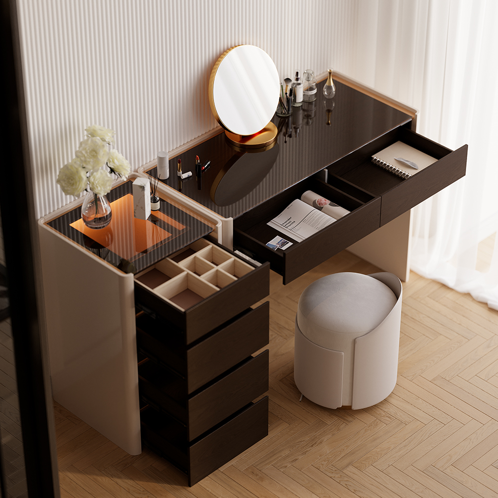 Modern Walnut Dressing Table with Light Dressing Table with Jewellery Storage & Cabinet