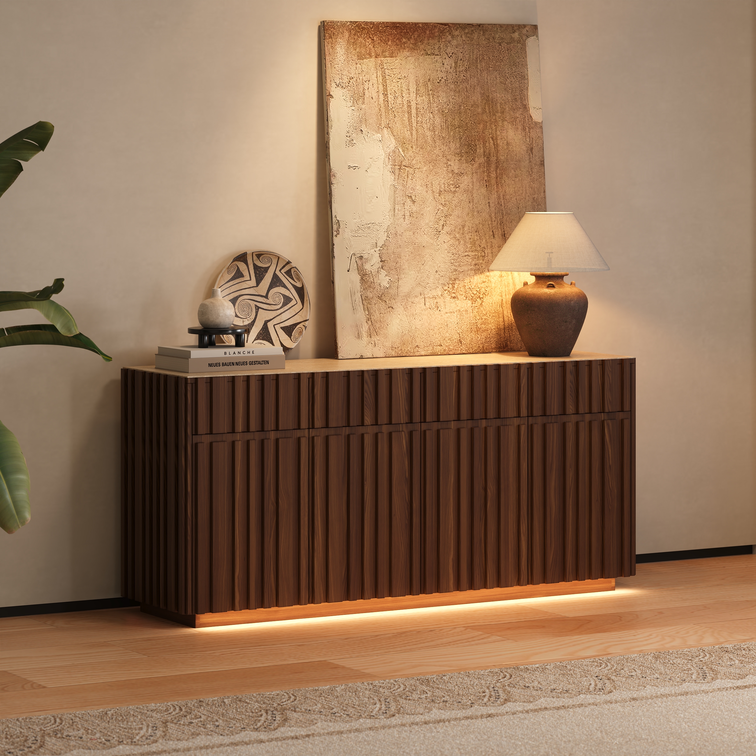 Aura 165 cm Ash Wood Slatted Walnut TV Stand with Sintered Stone Top
