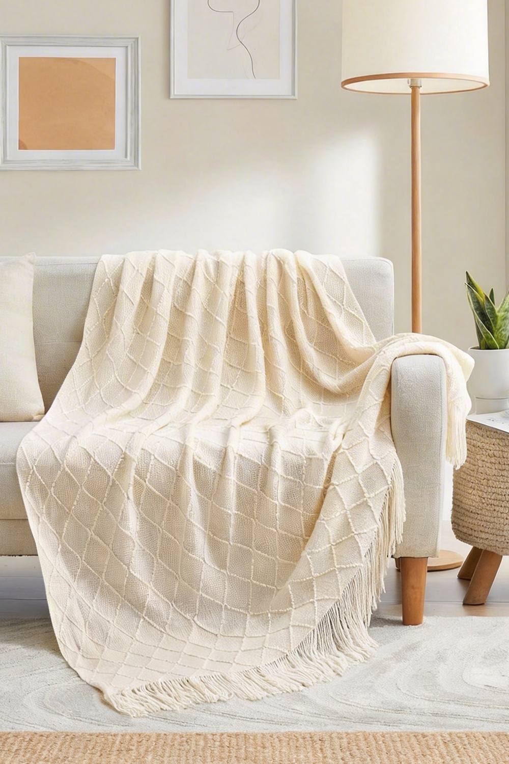 Living and Home Pattern Knitted Throw Blanket with Fringed Edges in Beige