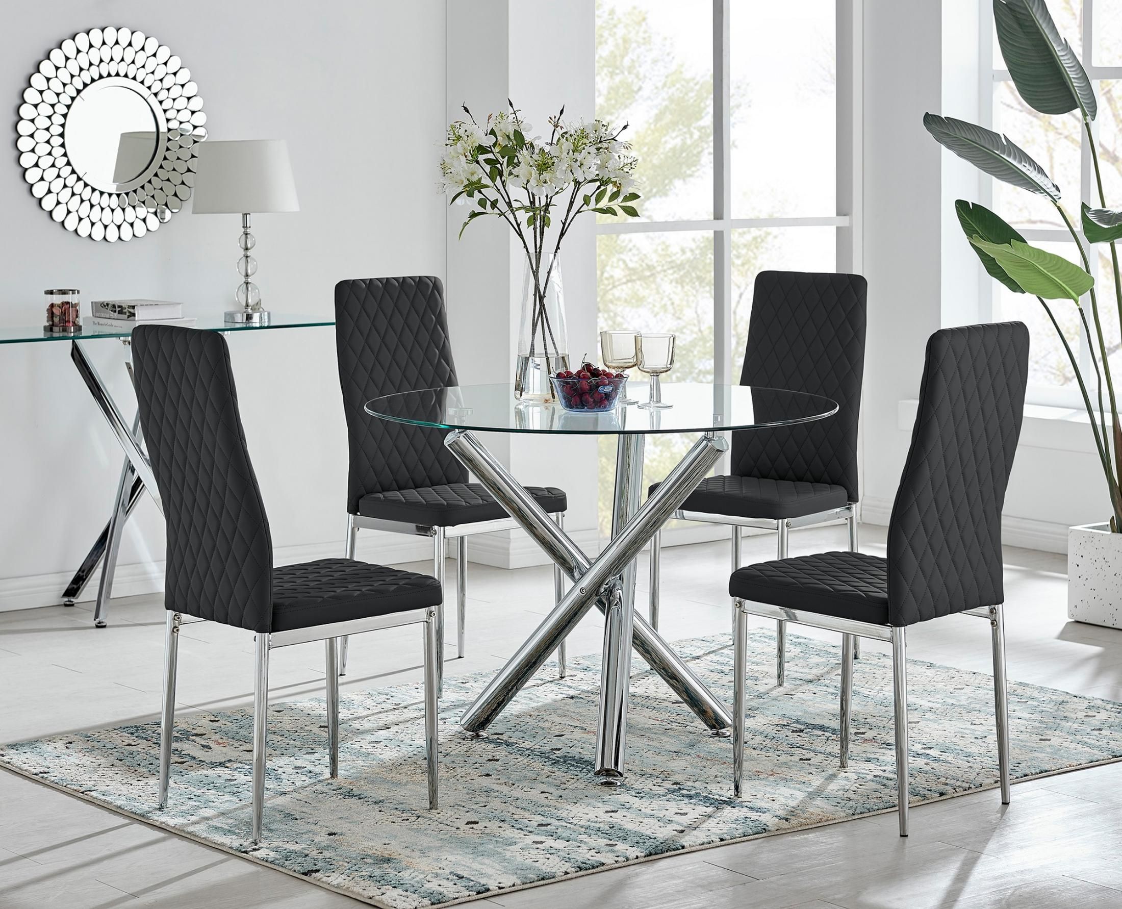 FurnitureboxUK Selina Chrome Round Glass Dining Table & 4 Milan Dining Chairs in Black