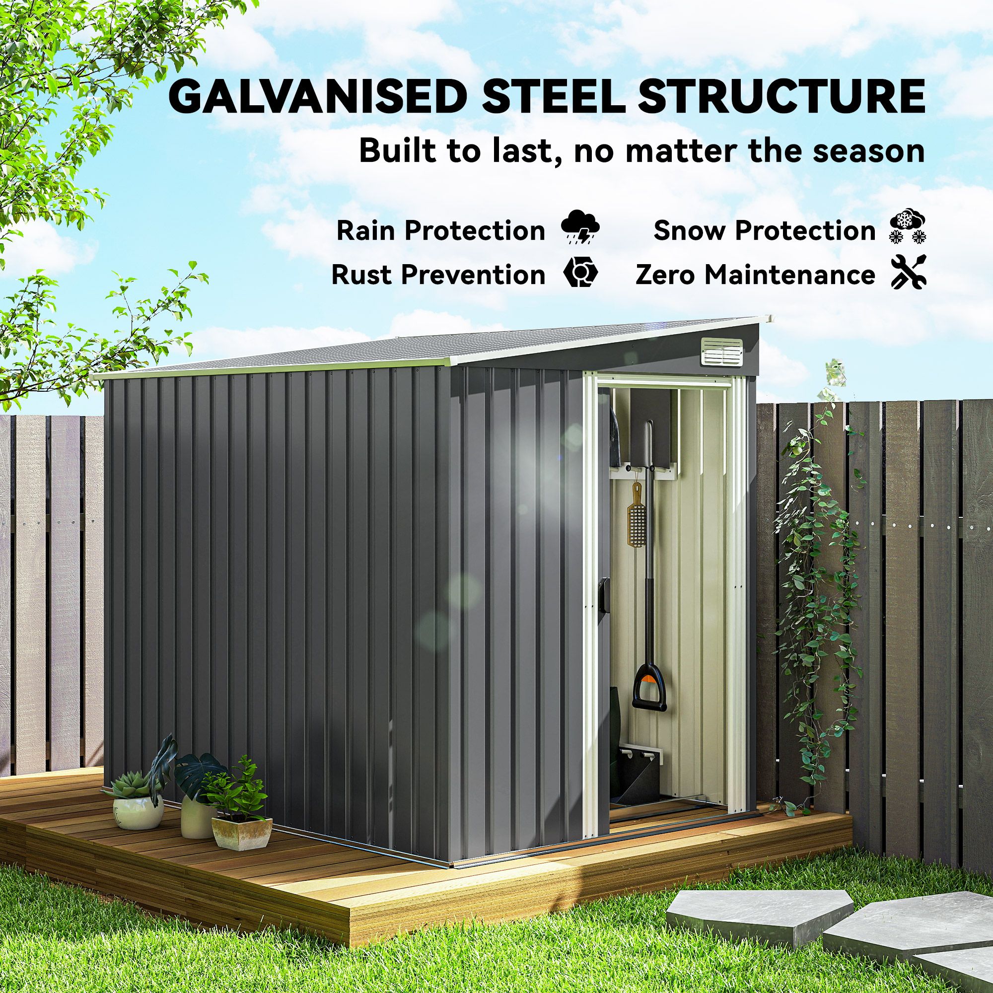 OUTSUNNY 7 x 5FT Garden Shed w/ Foundation Lean to Metal Tool Shed in Dark Grey 4