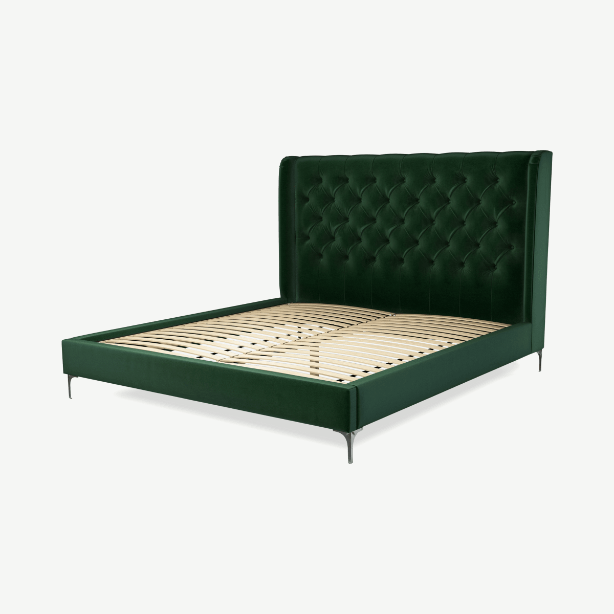 Romare Super King Size Bed, Bottle Green Velvet with Nickel Legs
