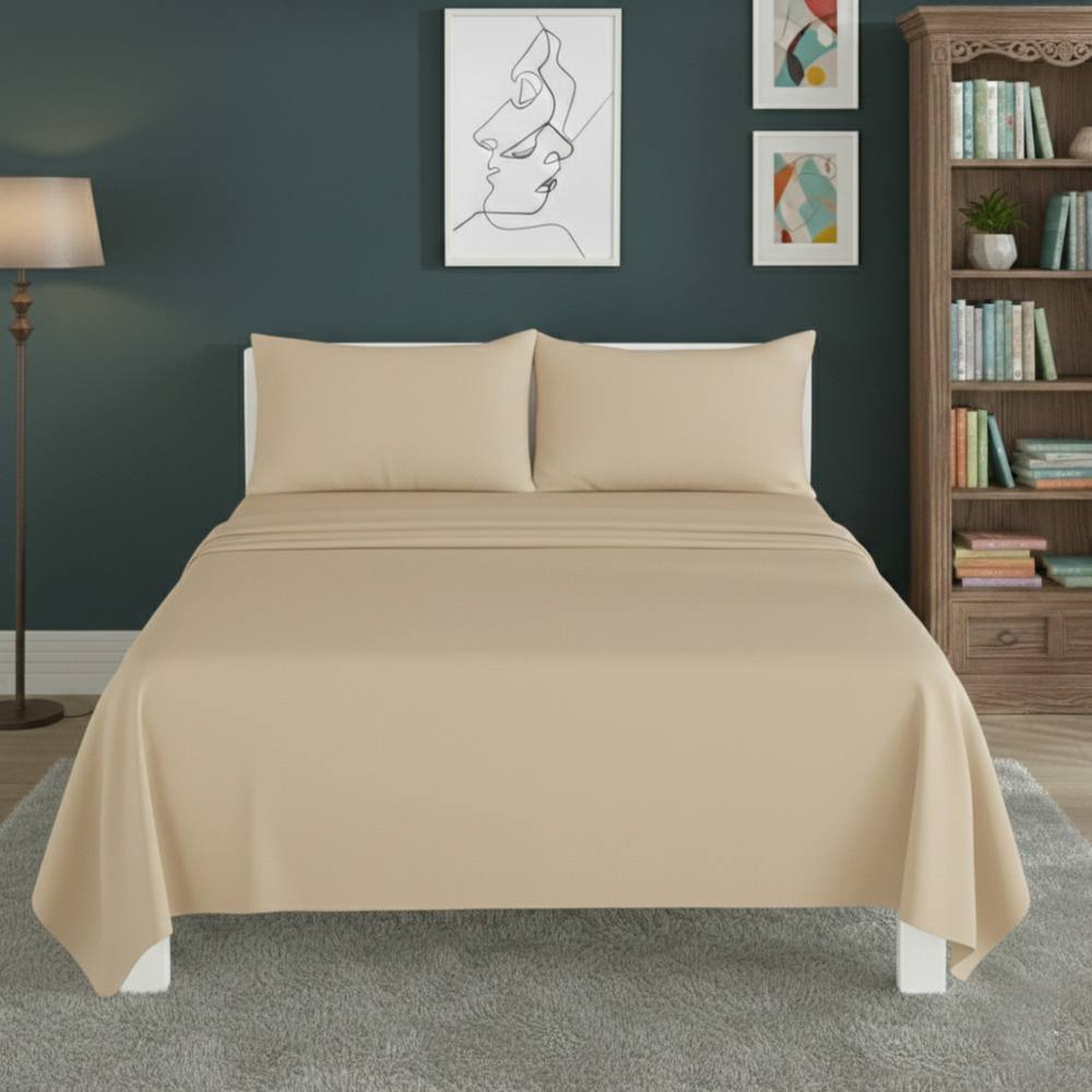 Snug City Easy Care Flat Bed Sheet Polycotton Durable Low Maintenance Bedding in Beige