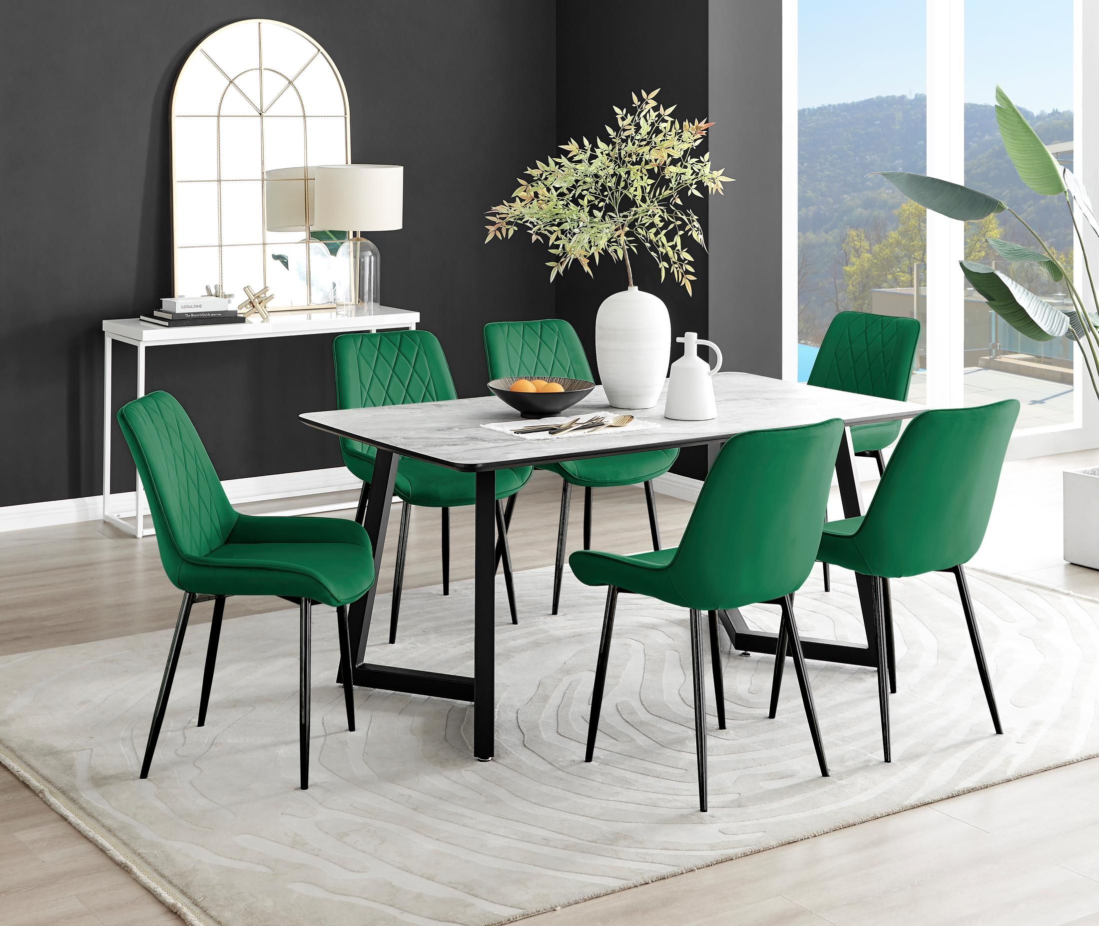 FurnitureboxUK Carson White Marble Effect Dining Table & 6 Pesaro Black Leg Chairs in Green