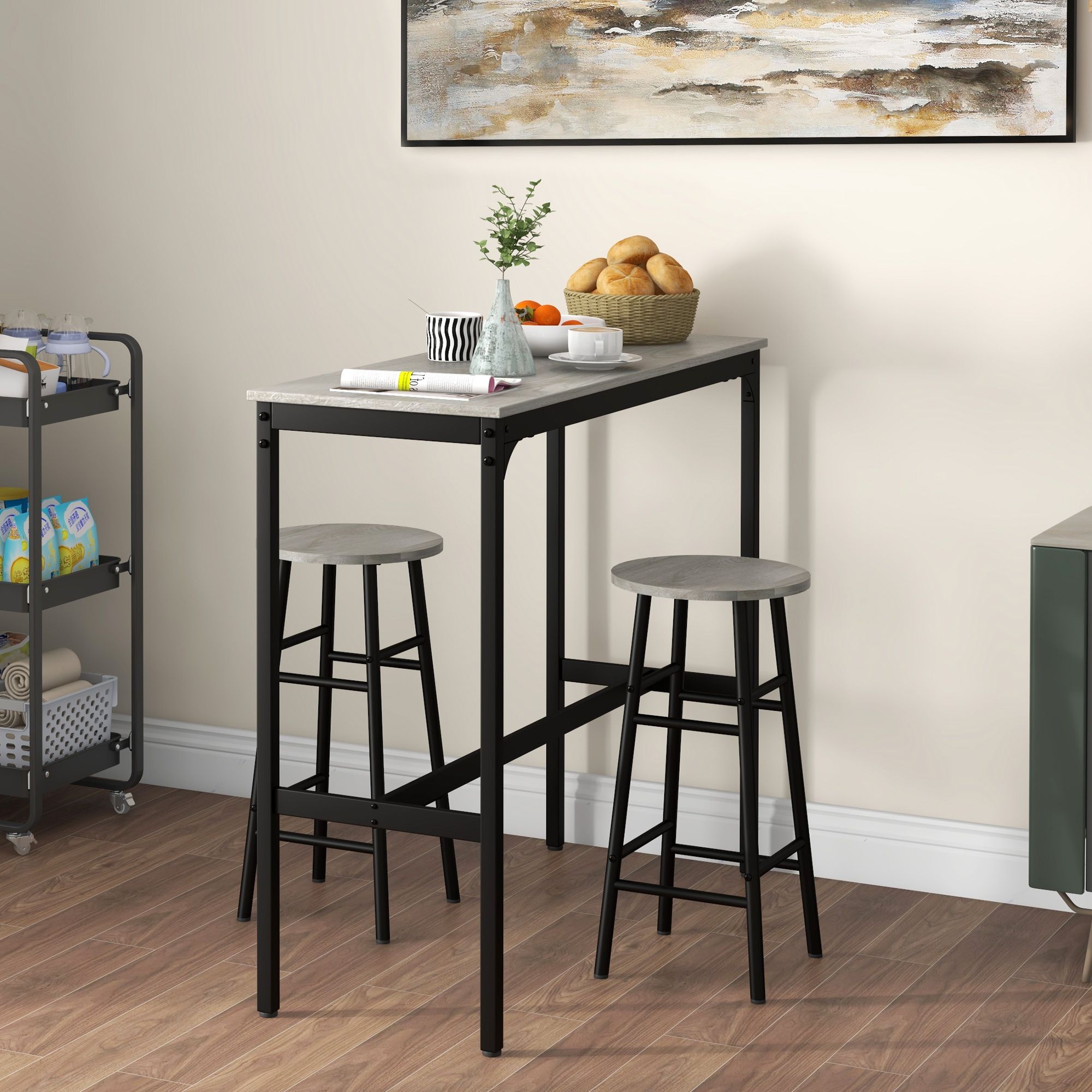 HOMCOM 3 Piece Bar Set, Industrial Kitchen & Chair Set Grey