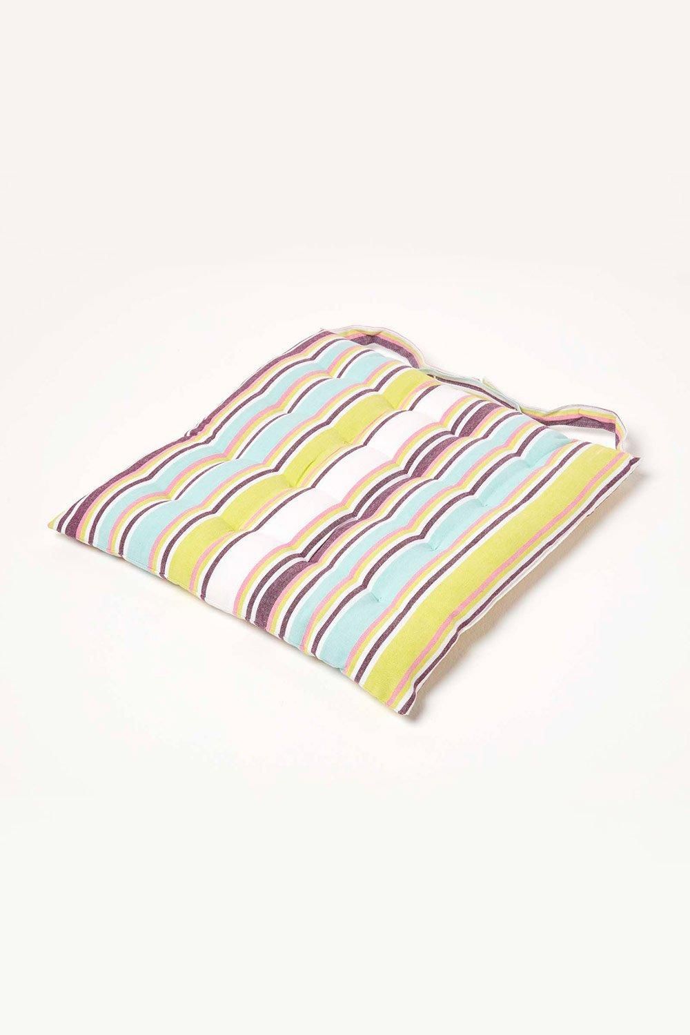 Homescapes Osaka Green Stripe Seat Pad with Button Straps 100% Cotton, 40 x 40cm