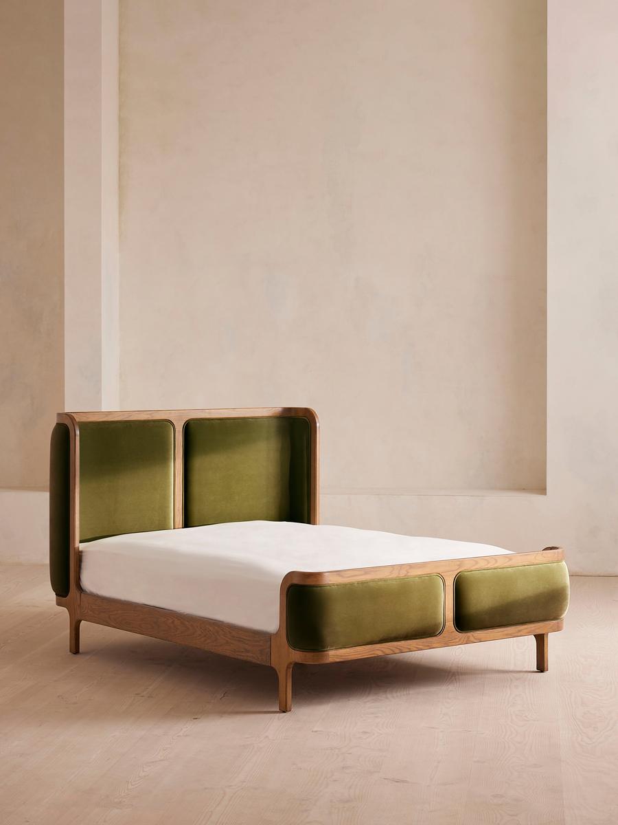 Belsa Bed, Light Oak, King, Velvet, Olive