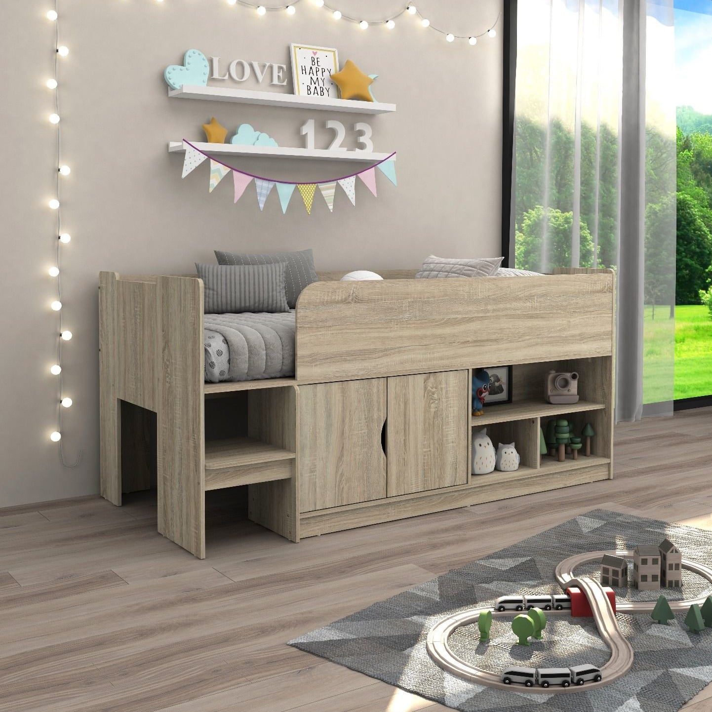 Kudl - Single - Mid Sleeper with Drawers and Shelves - Grey Oak - Wooden - 3ft - Happy Beds