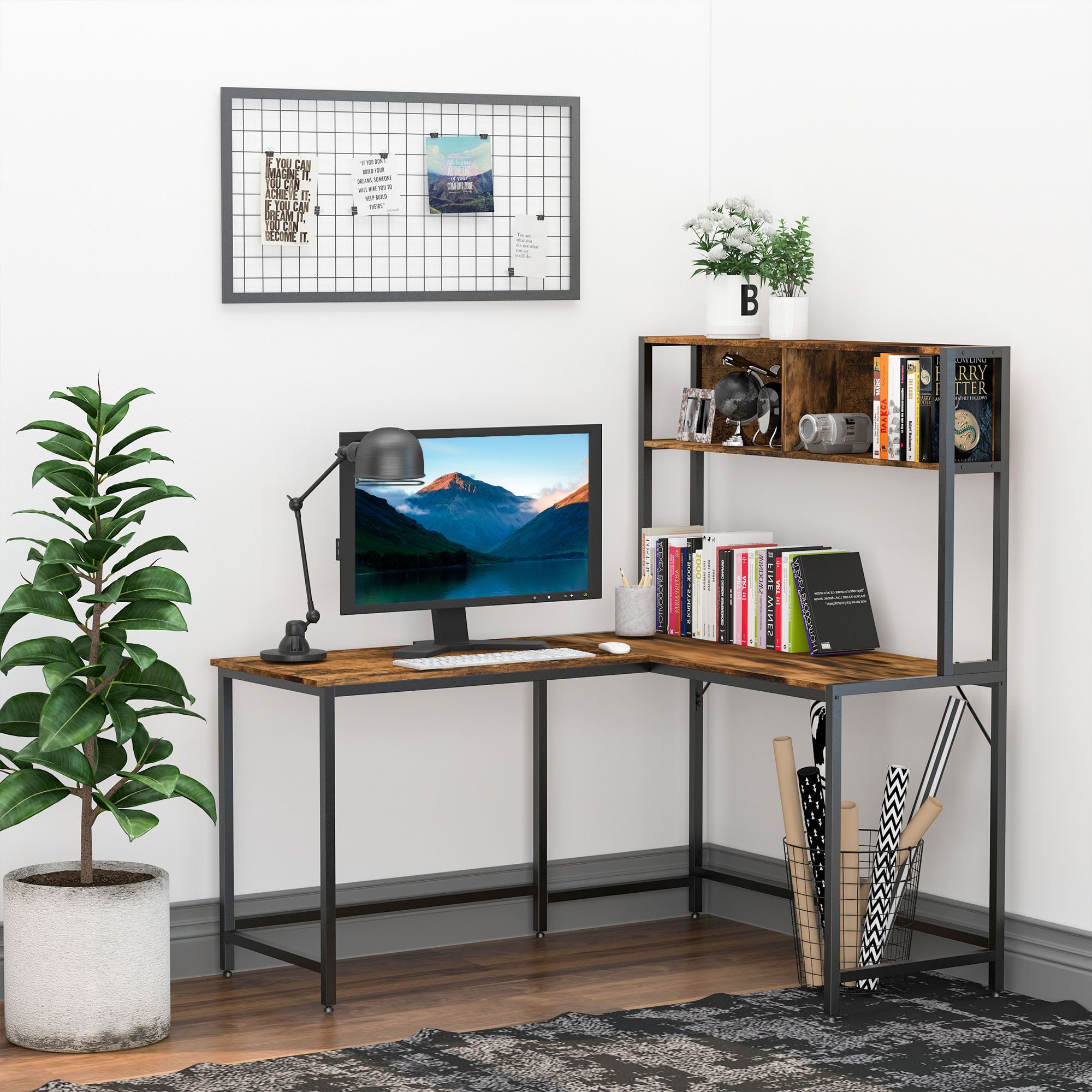 HOMCOM Industrial L-Shaped Work Desk & Storage Shelf Steel Frame in Brown