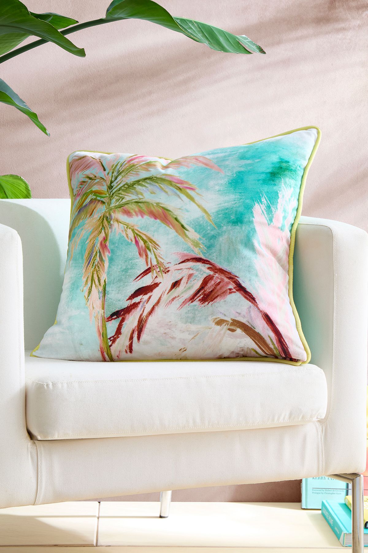 Appletree 'Leilani' Tropical Palm Leaf Print Velvet Filled Cushion in Green