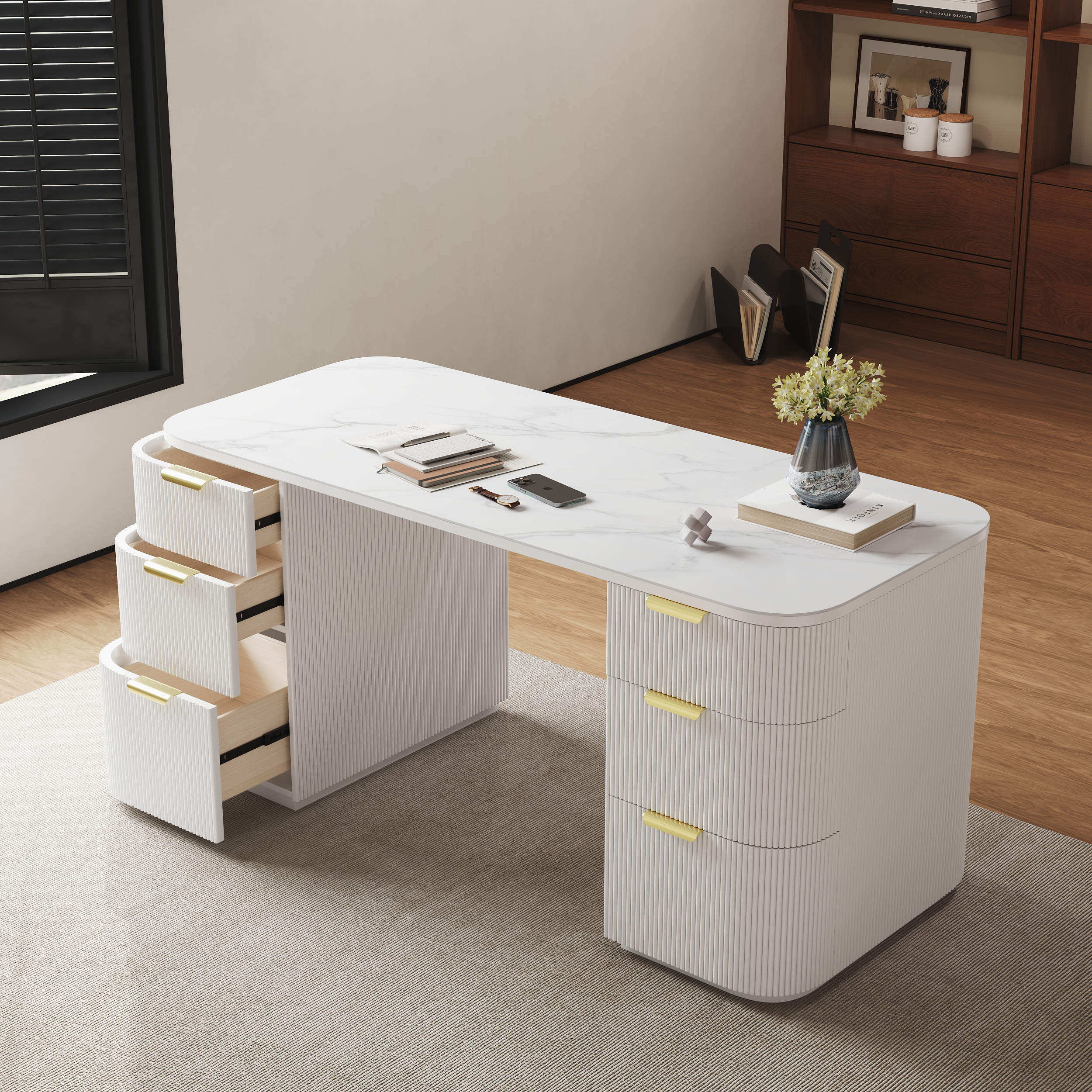 Marble Oval Home Office Desk with 6 Drawers White Executive Writing Desk (1620mm)