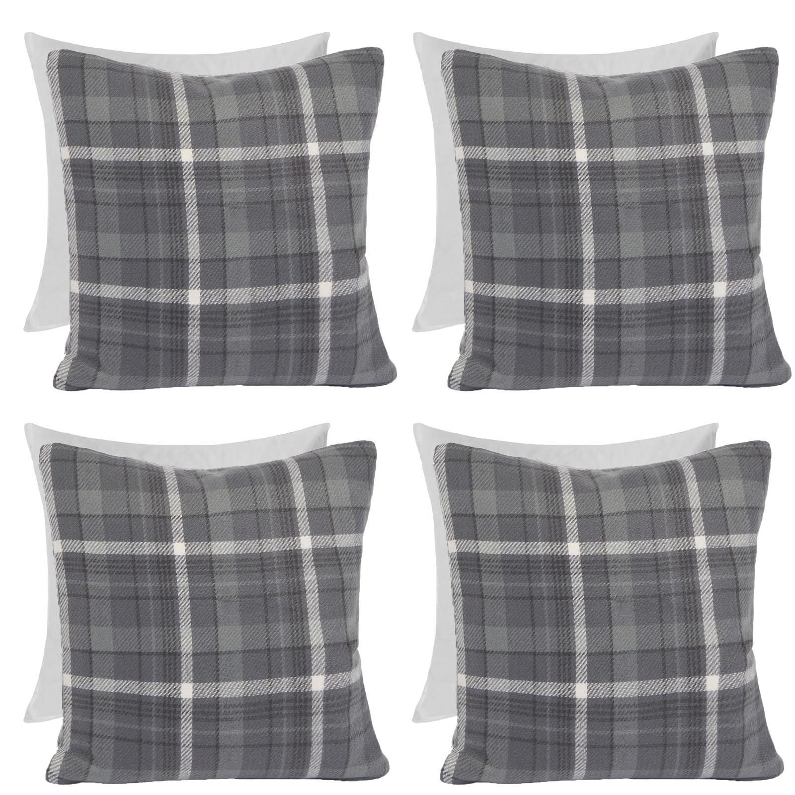 OHS Woven Check Cushion Covers Tartan Pack of 4 Filled Case Pad Set in Charcoal