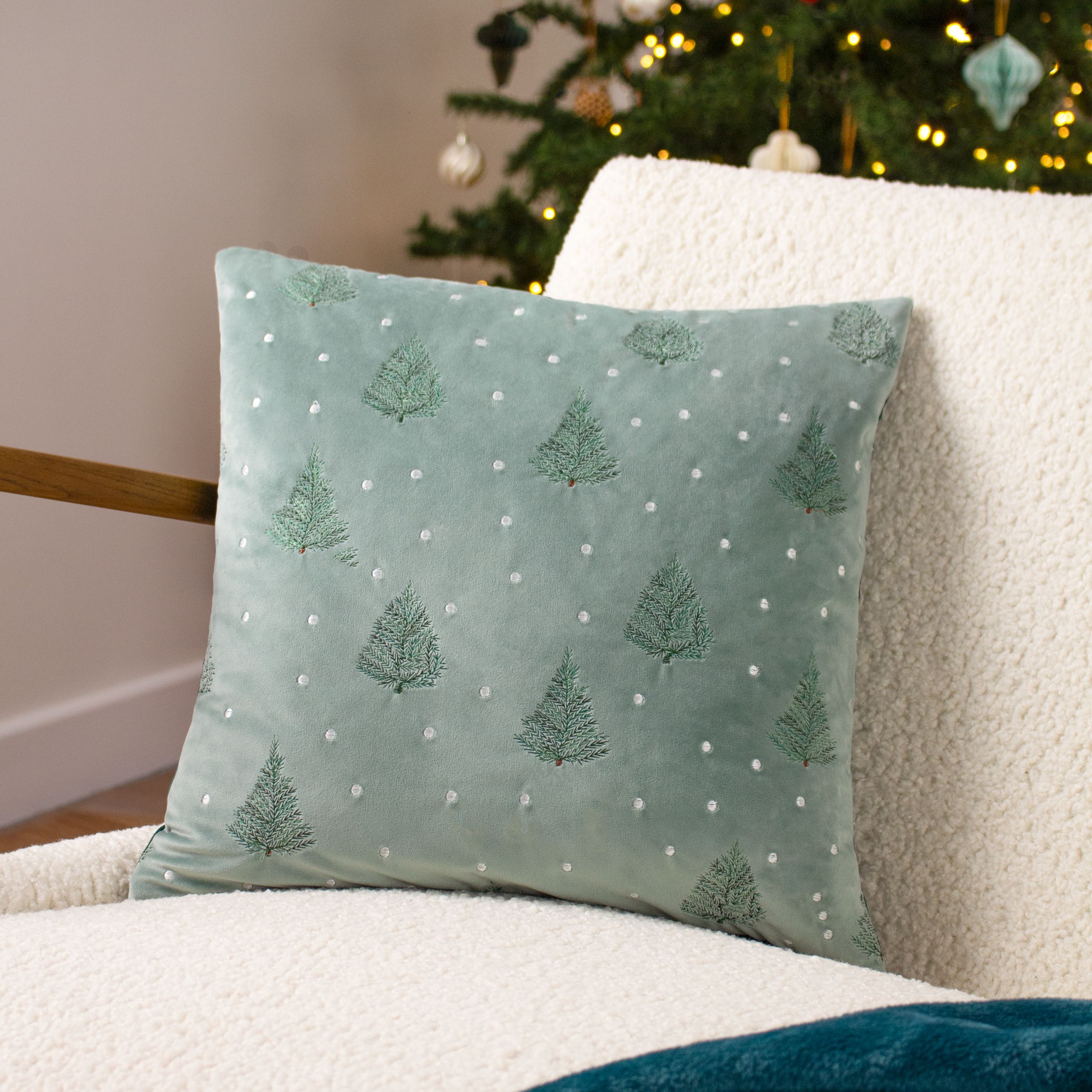 Furn Evergreen Classic Tree Embroidered Cushion in Green