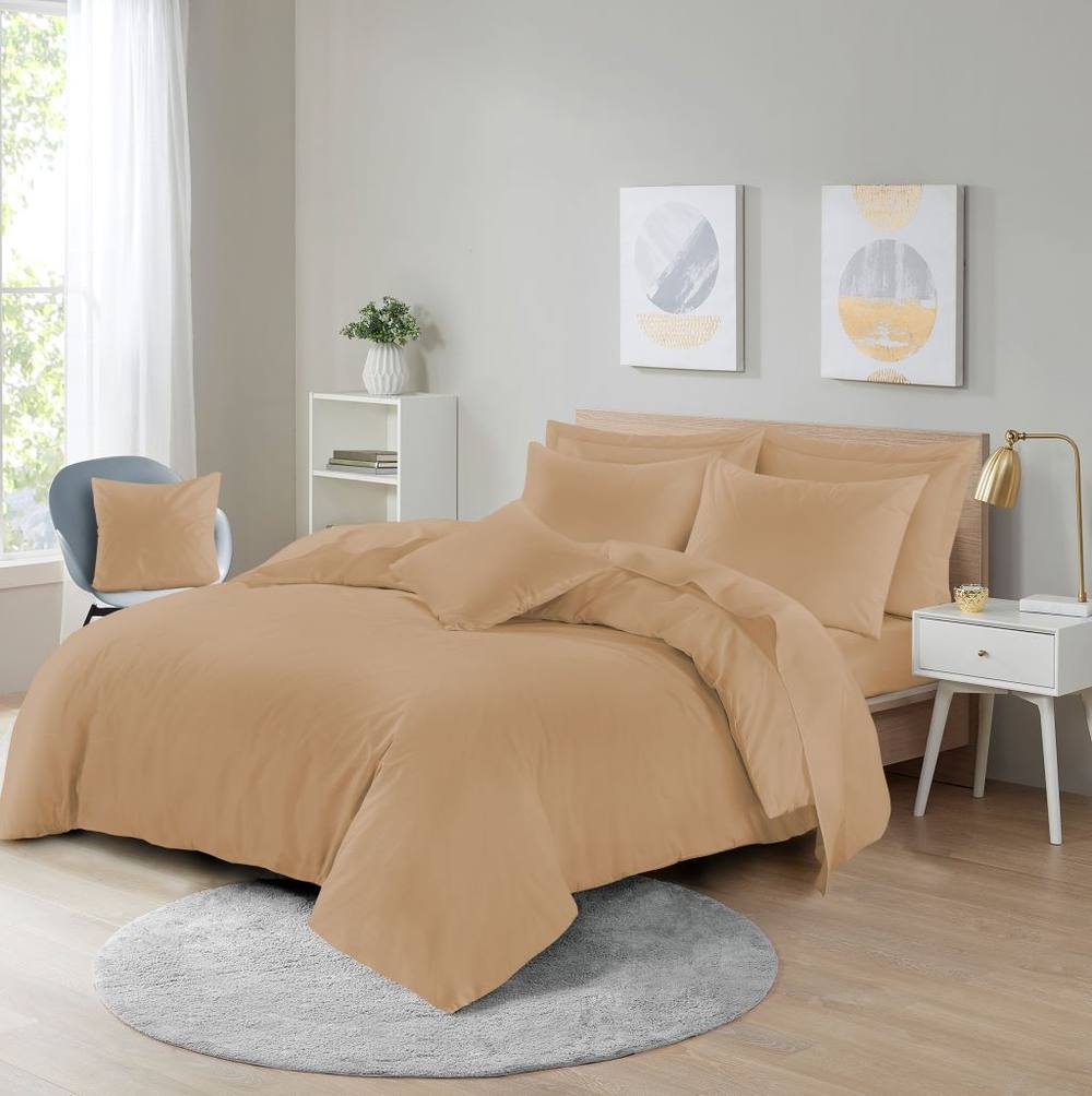 Homes-Linen Plain Dyed Polycotton Duvet Cover Set with Pillowcases in Beige