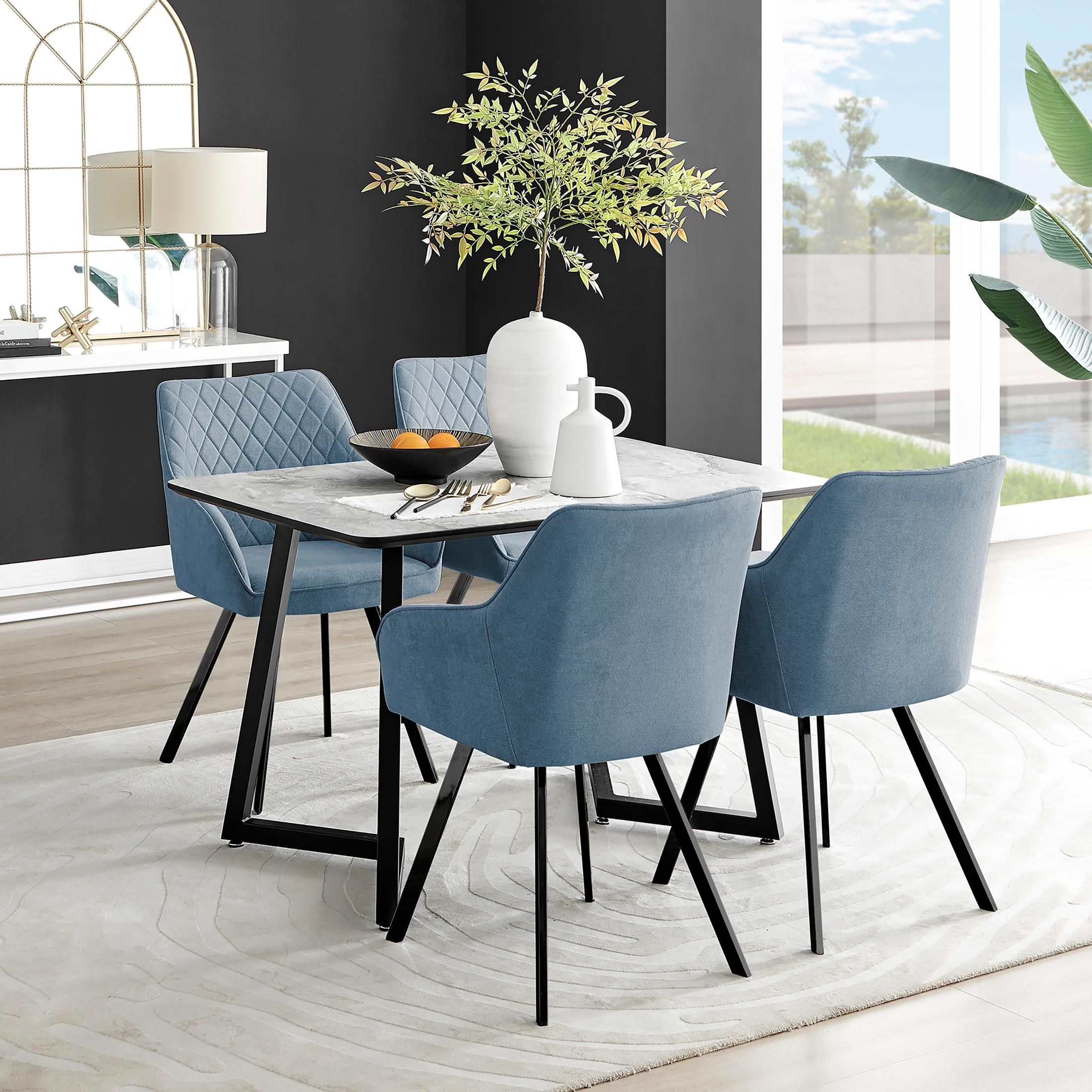 FurnitureboxUK Carson White Marble Effect Dining Table & 4 Falun Black Leg Chairs in Blue