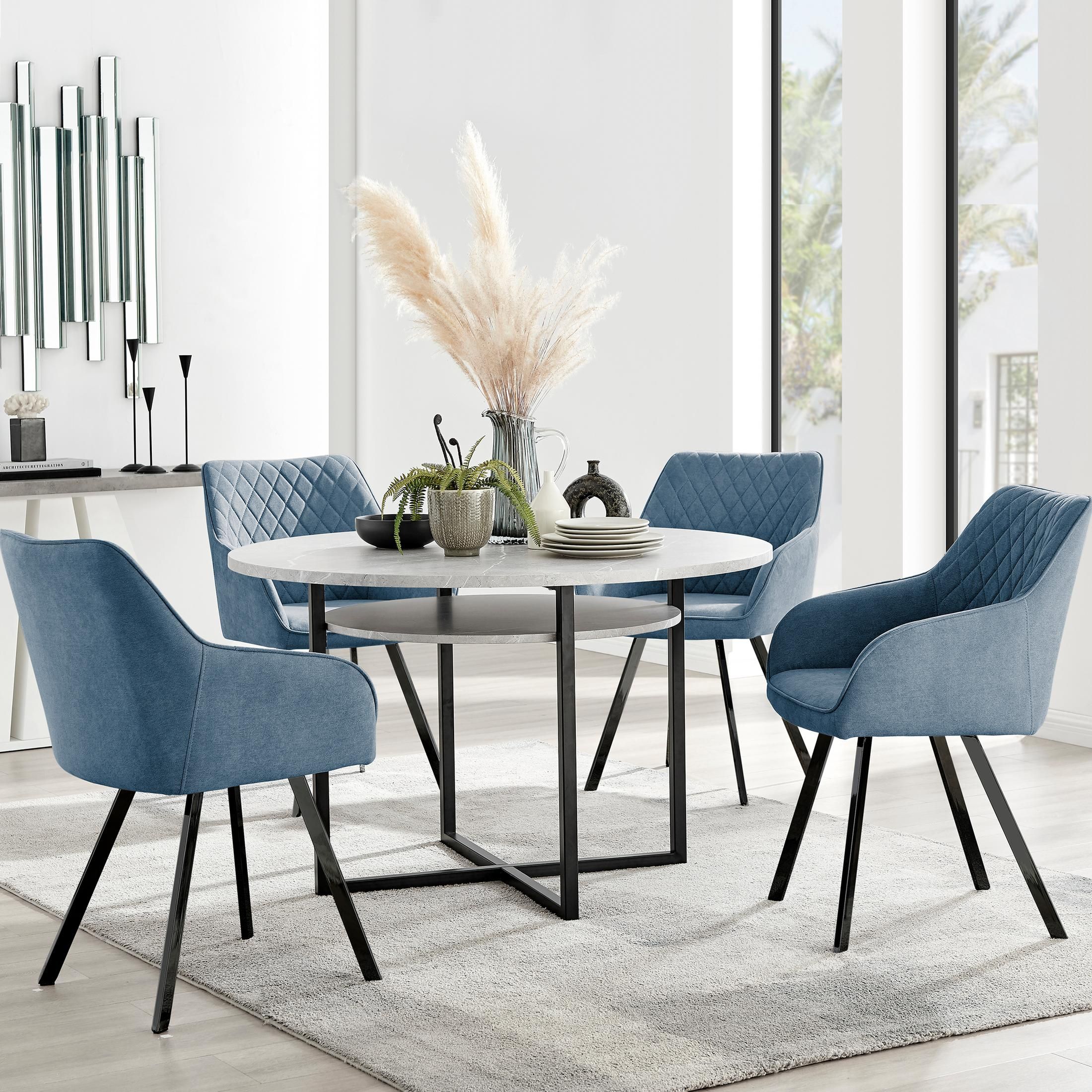 FurnitureboxUK Adley Grey Concrete Effect Round Dining Table & 4 Falun Black Leg Fabric Chairs in Blue