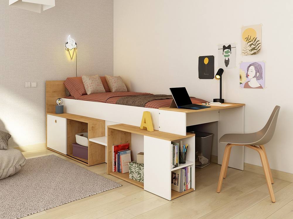 Vente-unique Combined Bed 90 X 200 Cm With Desk & Storage - White & Natural in Light Oak