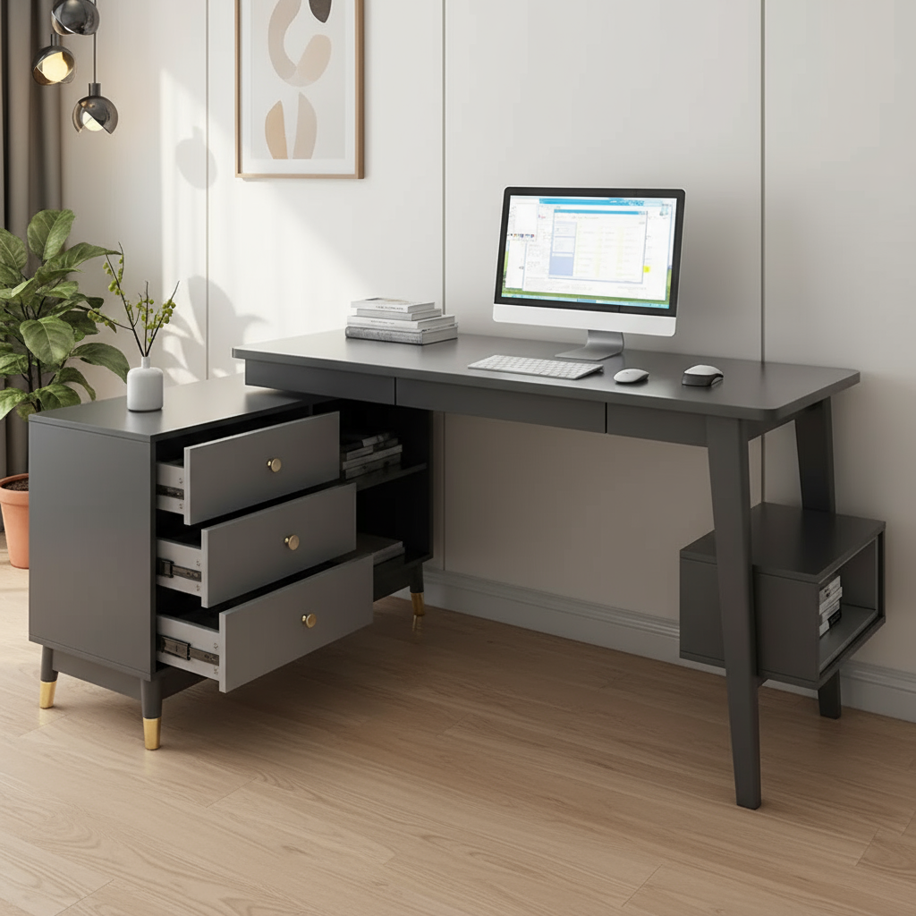 Ultic Gary L Shaped Home Office Desk Desk with Storage Drawers & Shelf Computer Desk (120 cm)