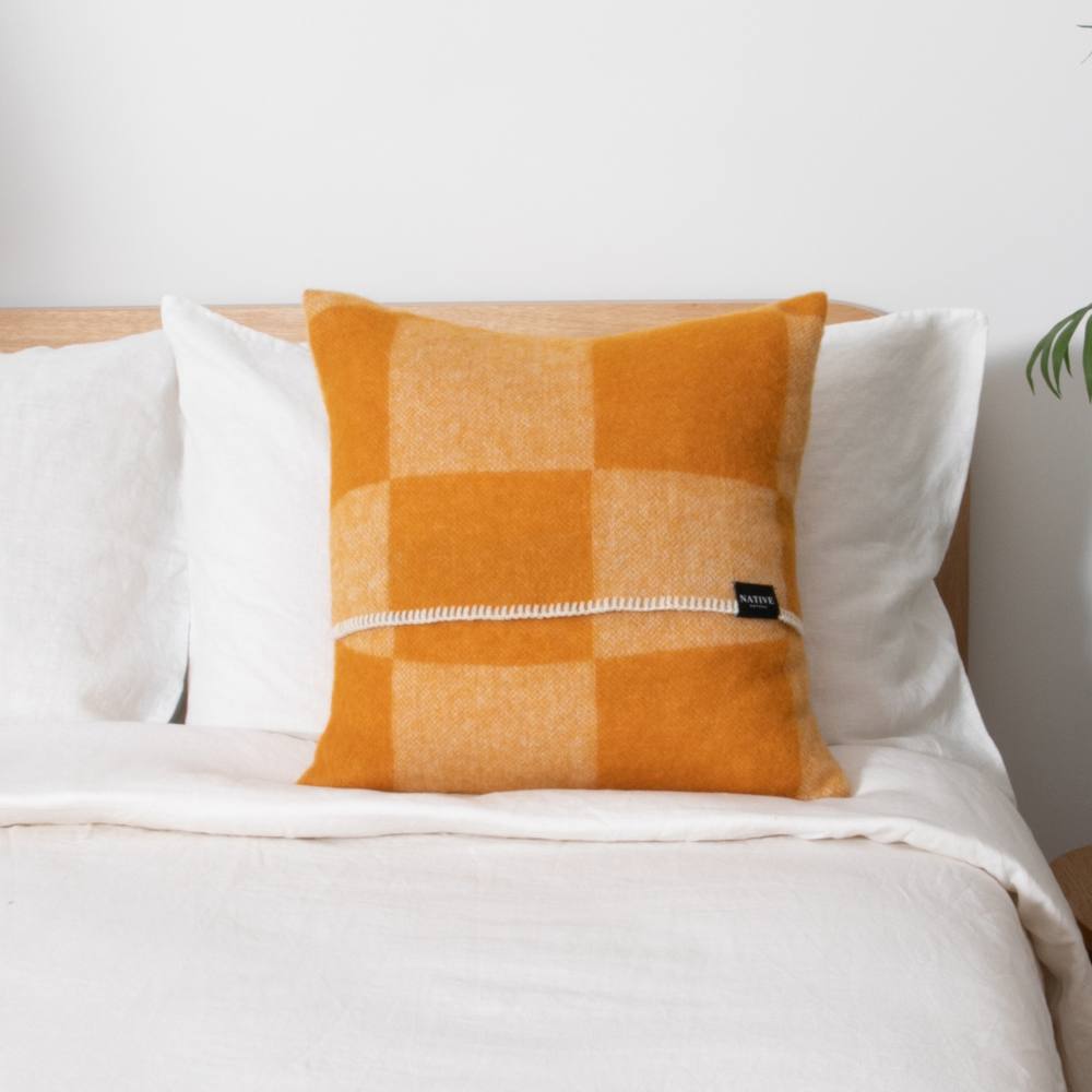 Native Natural Checkerboard Orange Wool Cushion 45x45cm