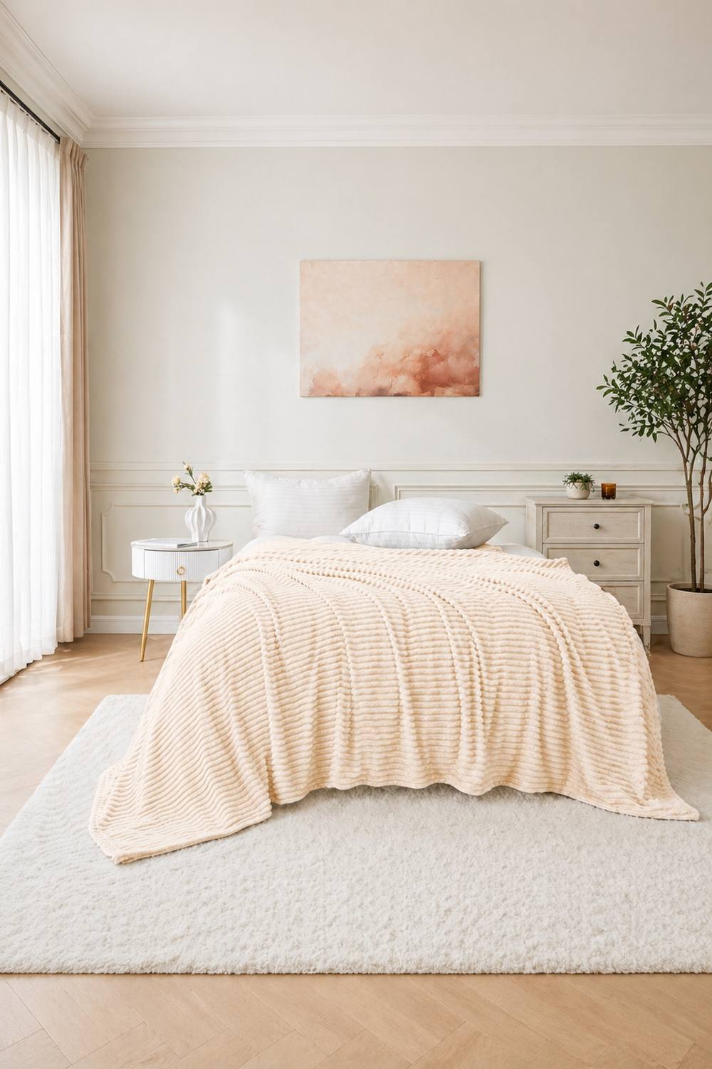 Dyzi Large Supersoft Ribbed Jacquard Fleece Throw Blanket 200 x 240cm in Cream
